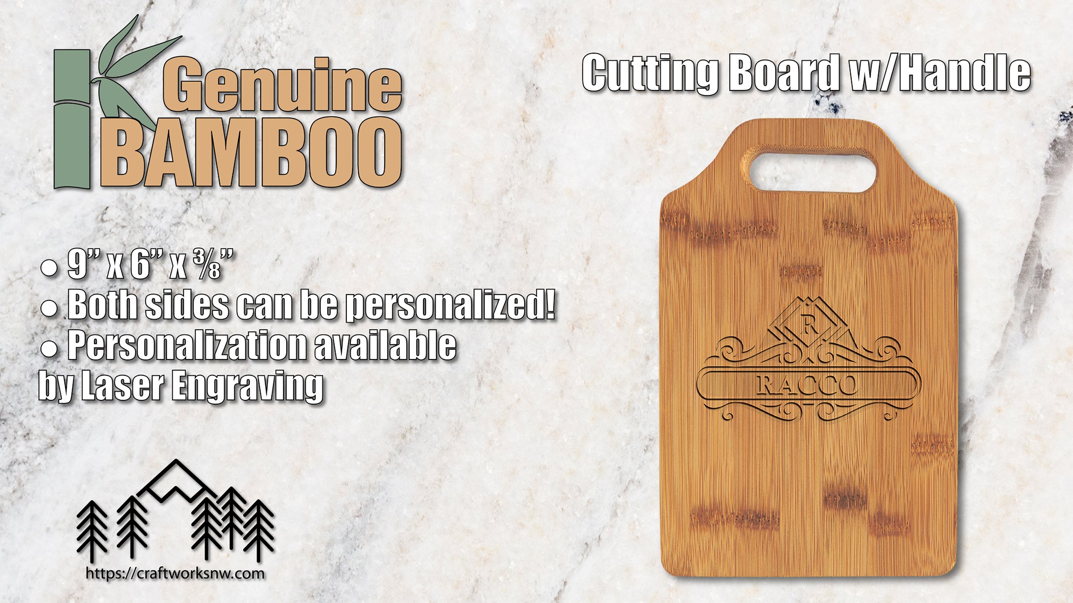 Cutting Board with Handle, Bamboo, 9" x 6", Laser Engraved - Craftworks NW, LLC