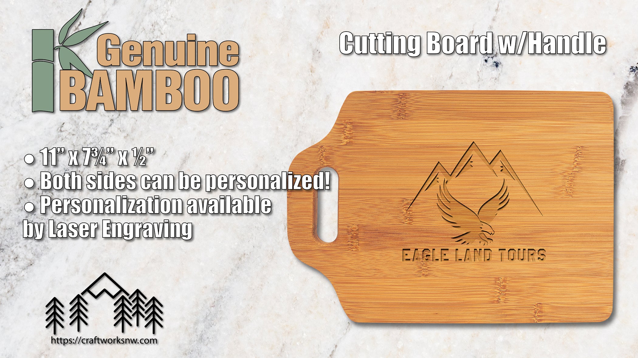 Cutting Board with Handle, Bamboo, 11" x 7-3/4", Laser Engraved - Craftworks NW, LLC