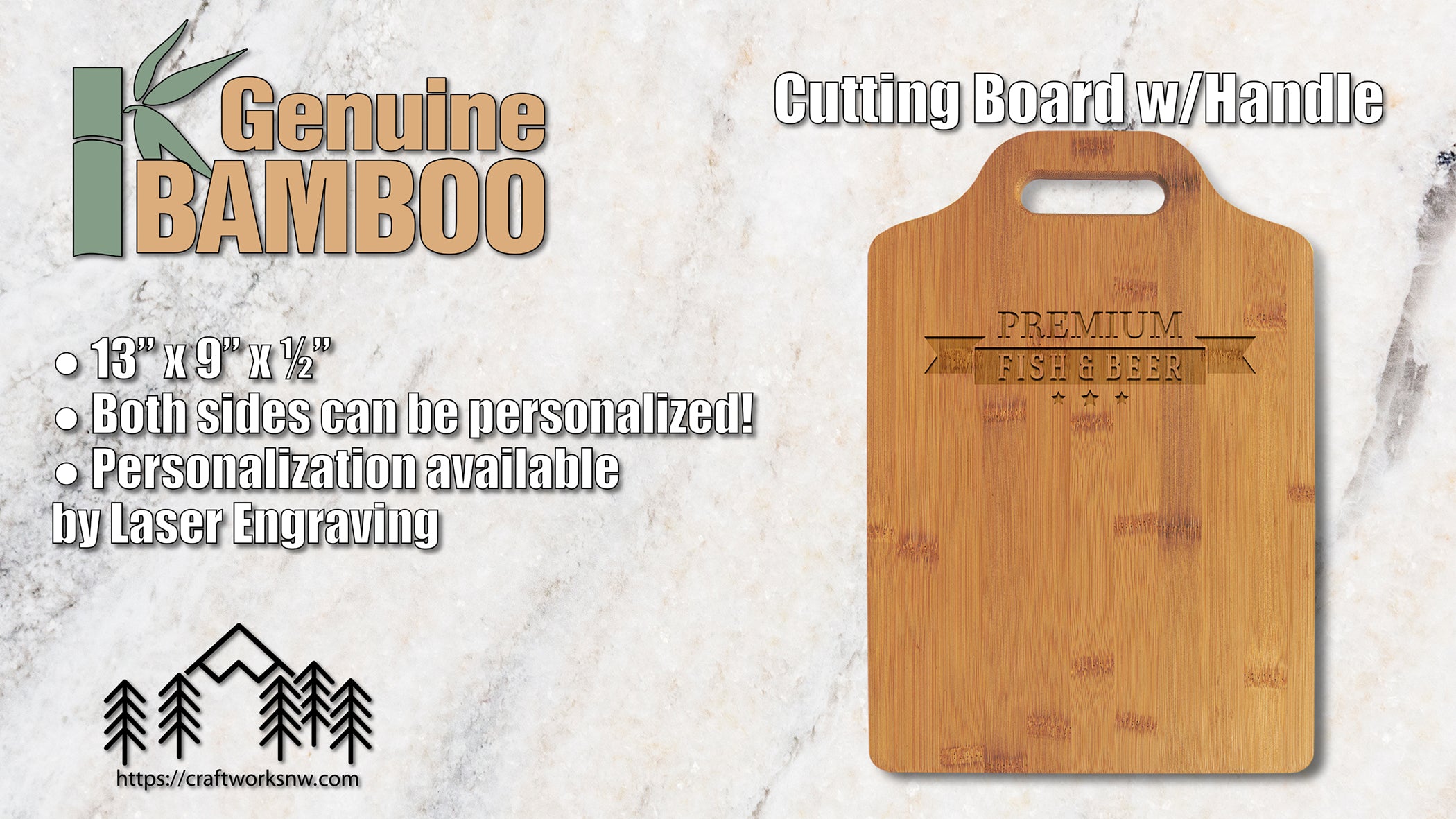Cutting Board with Handle, Bamboo, 13" x 9", Laser Engraved - Craftworks NW, LLC