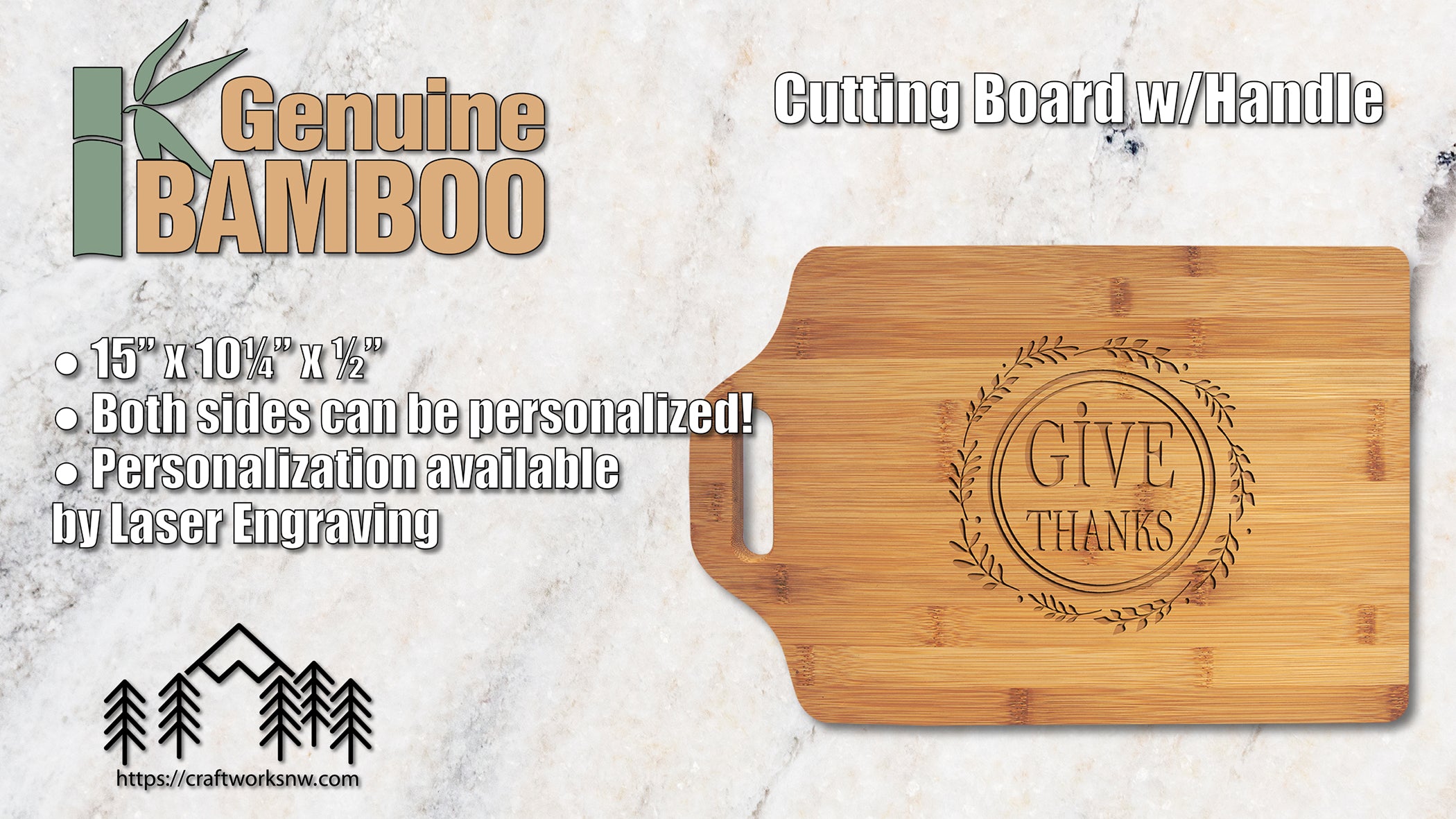 Cutting Board with Handle, Bamboo, 15" x 10-1/4", Laser Engraved - Craftworks NW, LLC