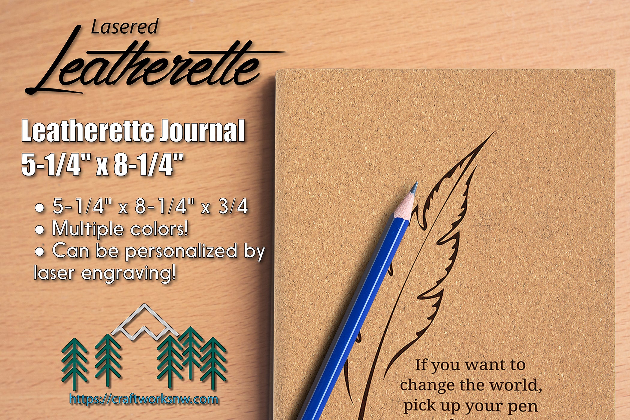 Journal, 5 1/4" x 8 1/4" Laserable Leatherette, Laser Engraved - Craftworks NW, LLC