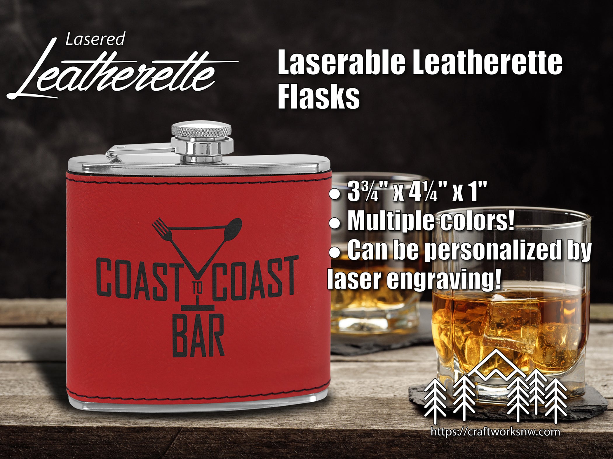 Flask, 6oz Laserable Leatherette, Laser Engraved - Craftworks NW, LLC