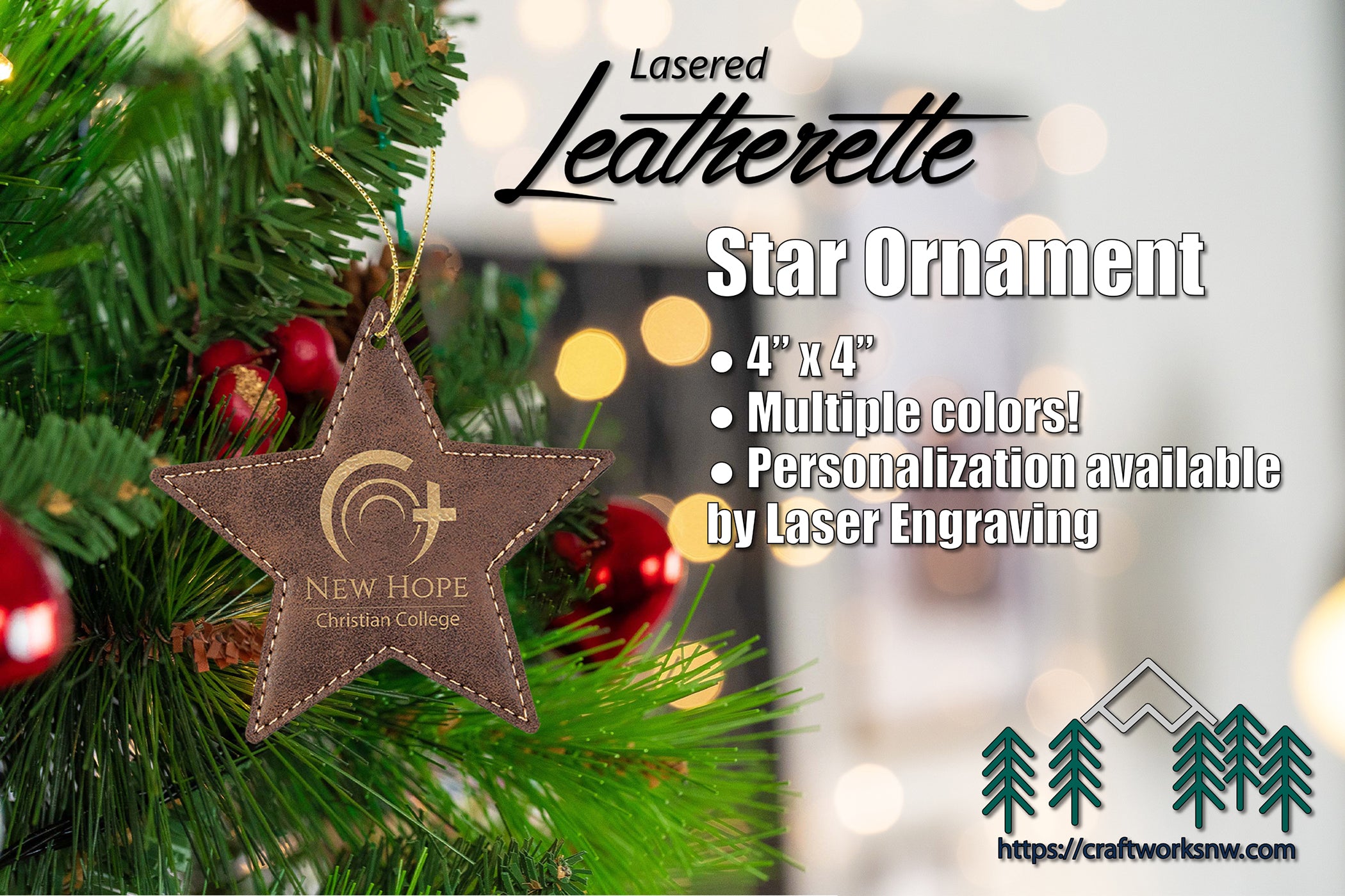 Star Shaped Christmas Ornaments, Laserable Leatherette, Laser Engraved - Craftworks NW, LLC