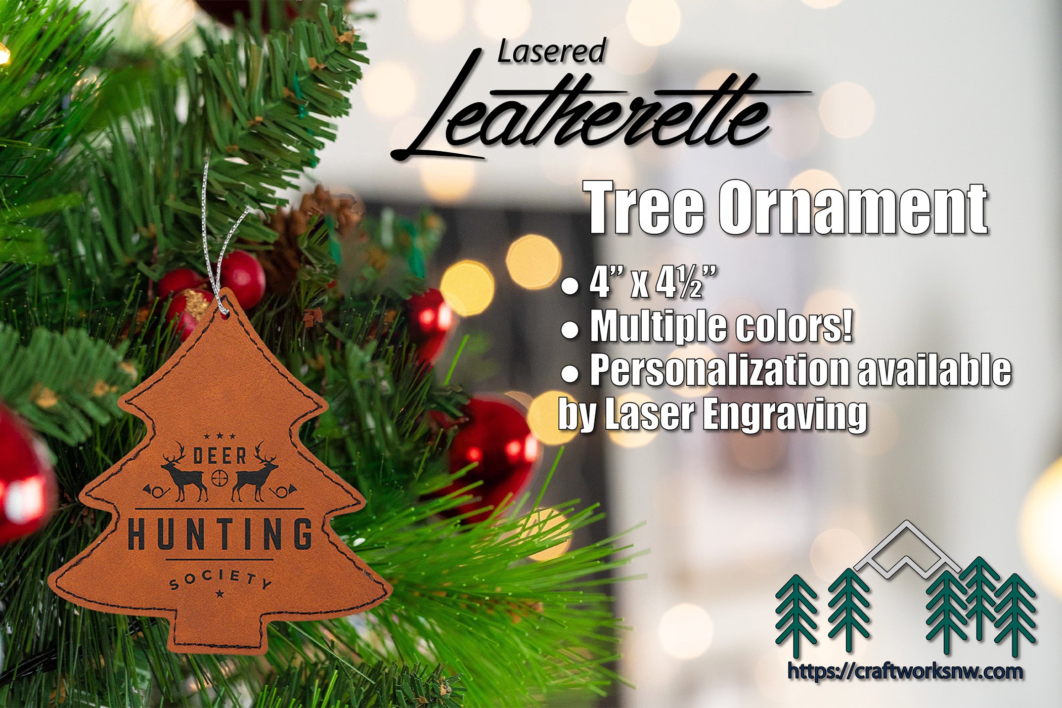 Tree Shaped Christmas Ornaments, Laserable Leatherette, Laser Engraved - Craftworks NW, LLC