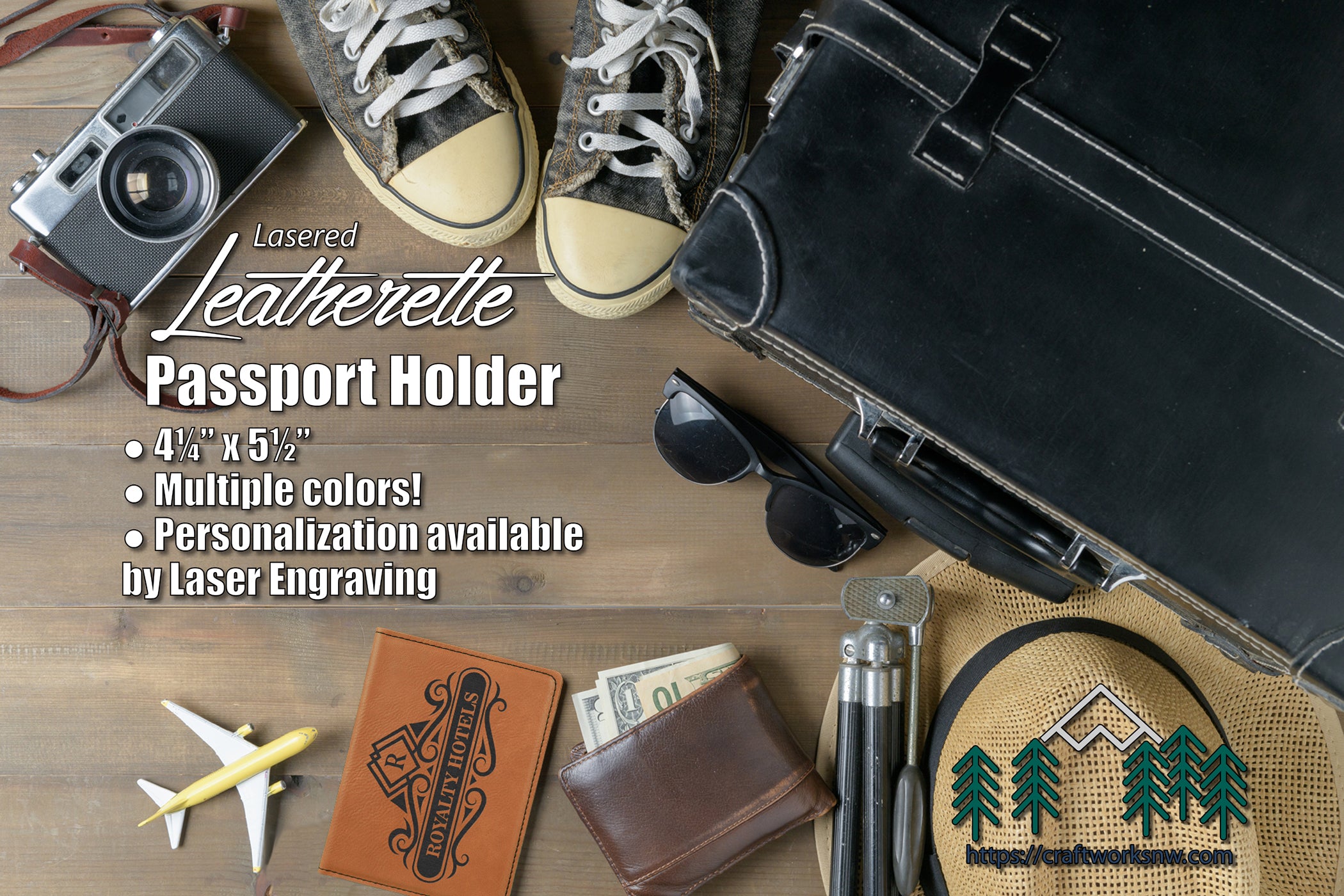 Passport Holder 4 1/2" x 5 1/2", Laserable Leatherette, Laser Engraved - Craftworks NW, LLC