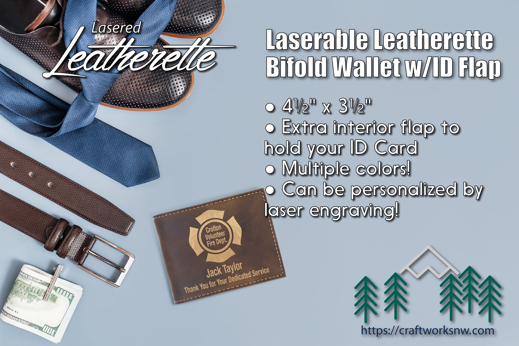 Bifold Wallet w/Flip ID Display, Laserable Leatherette, Laser Engraved - Craftworks NW, LLC