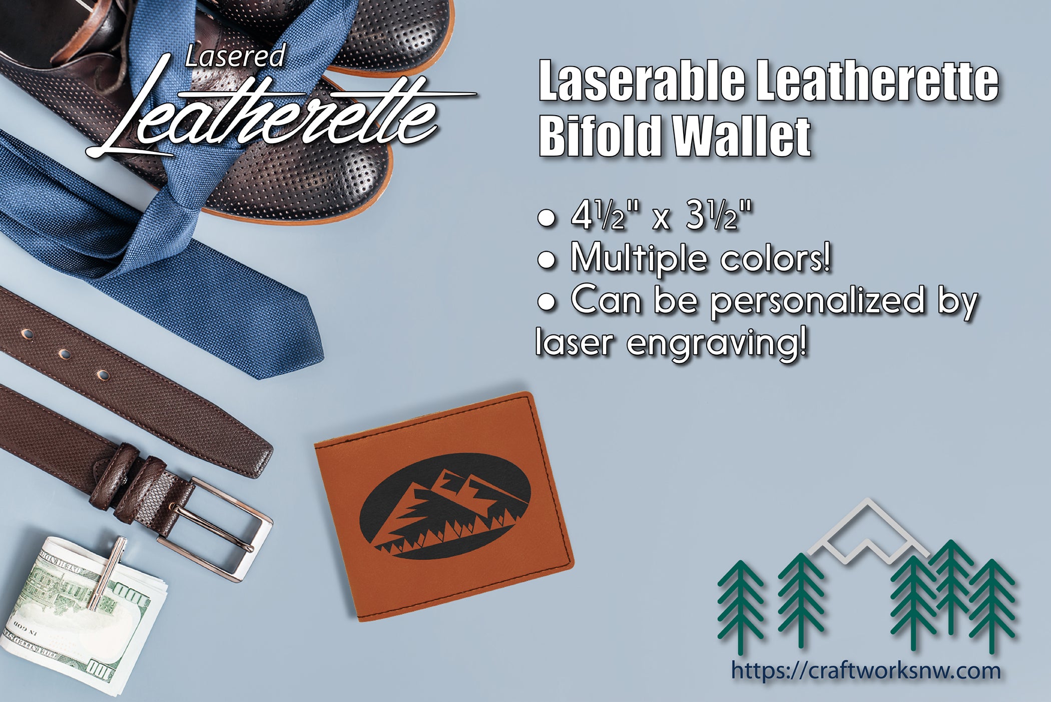 Bifold Wallet Laserable Leatherette, Laser Engraved - Craftworks NW, LLC