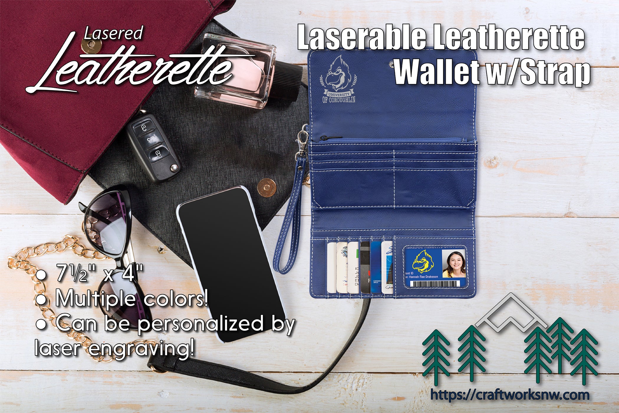 Wallet w/Strap, Laserable Leatherette, Laser Engraved - Craftworks NW, LLC