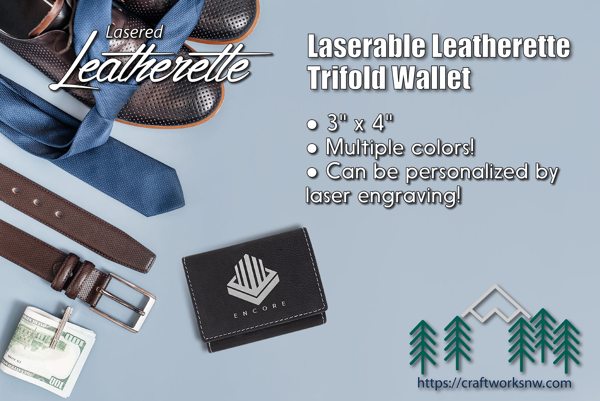 Trifold Wallet, Laserable Leatherette, Laser Engraved - Craftworks NW, LLC