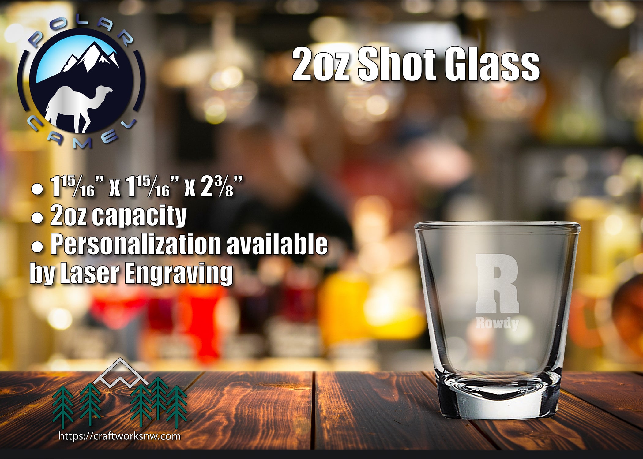 Polar Camel Glassware 2 oz. Shot Glass, Laser Engraved - Craftworks NW, LLC