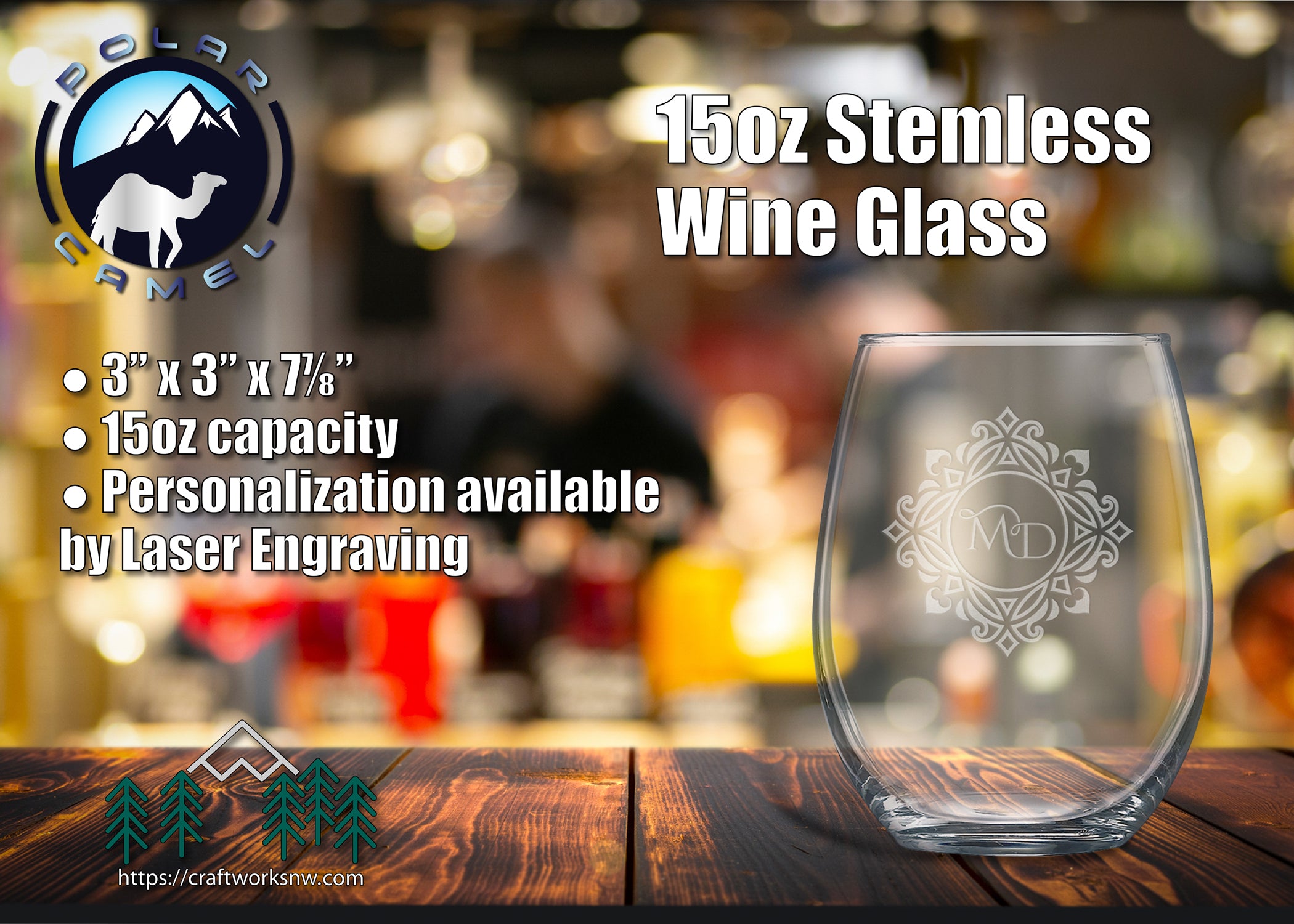 Polar Camel Glassware 15 oz. Stemless Wine Glass, Laser Engraved - Craftworks NW, LLC