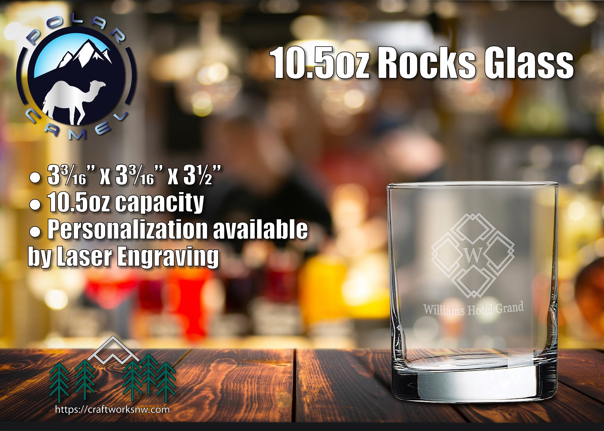 Polar Camel Glassware 10.5 oz. Rocks Glass, Laser Engraved - Craftworks NW, LLC