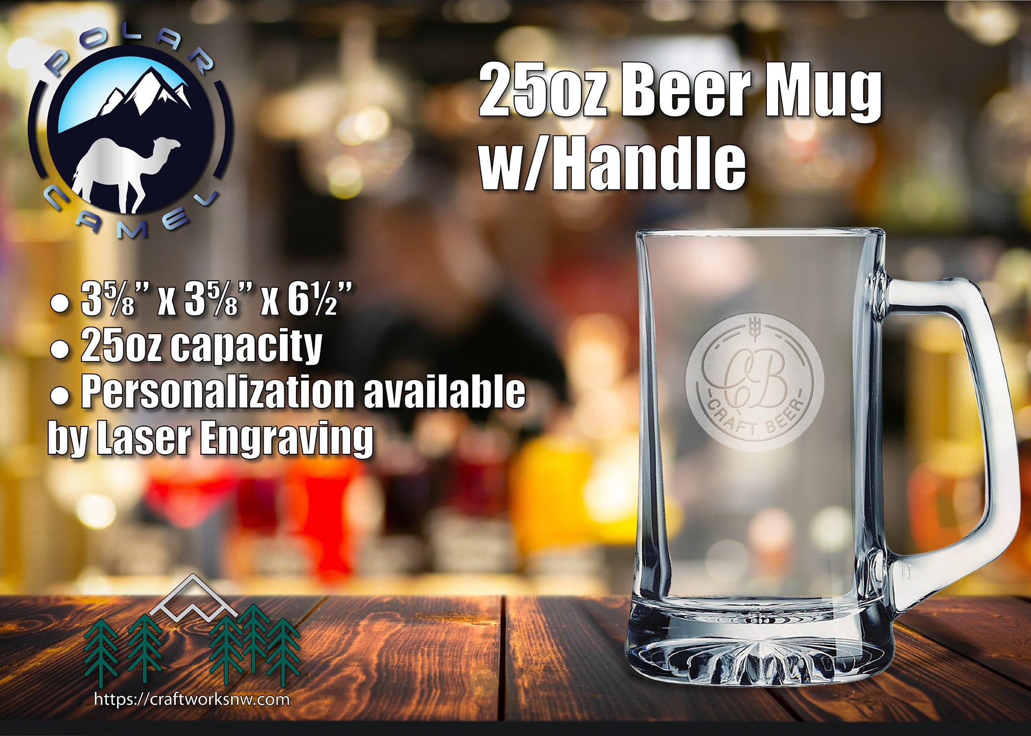 Polar Camel Glassware 25 oz. Beer Mug w/Handle, Laser Engraved - Craftworks NW, LLC