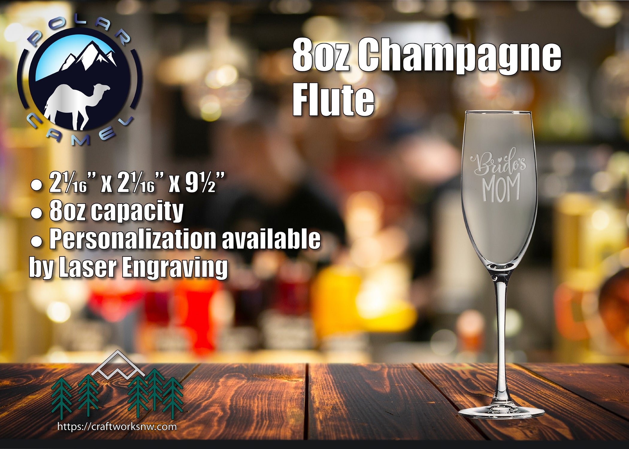Polar Camel Glassware 8 oz. Champagne Flute, Laser Engraved - Craftworks NW, LLC
