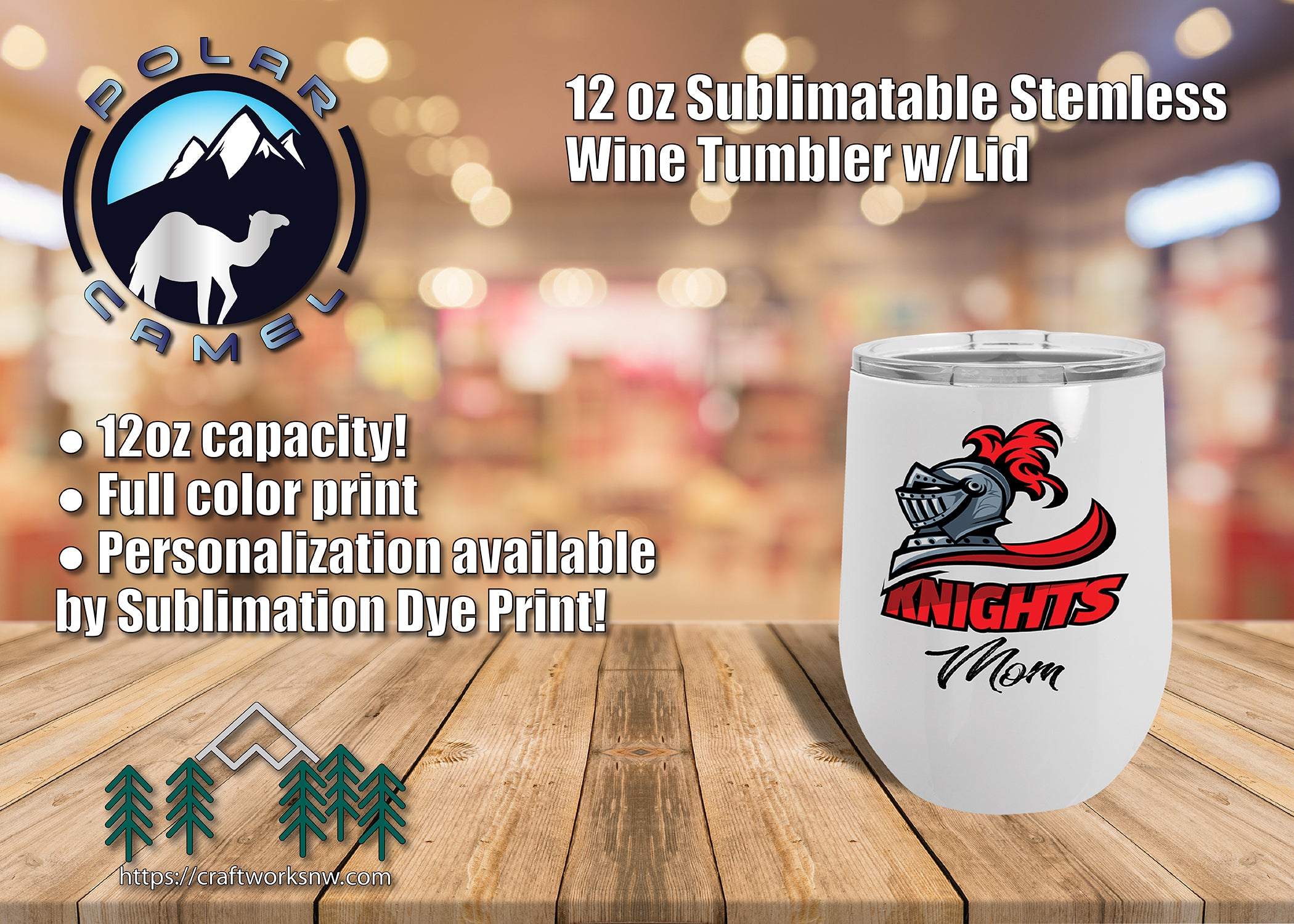 Polar Camel Sublimatable 12oz Stemless Wine Tumbler, Sublimation Dye Print - Craftworks NW, LLC