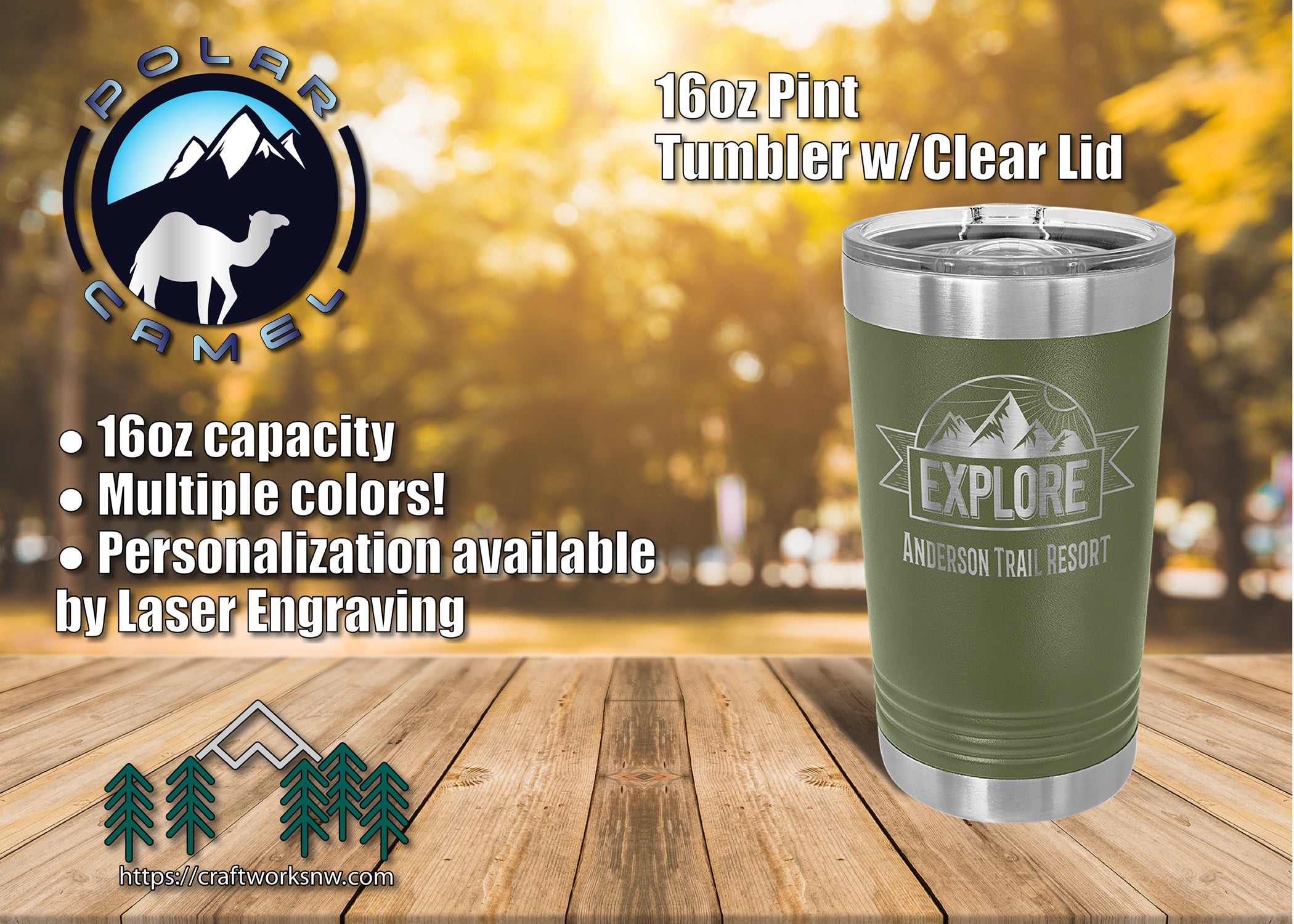 Polar Camel 16oz. Stainless Steel Pint Travel Mug, Laser Engraved - Craftworks NW, LLC