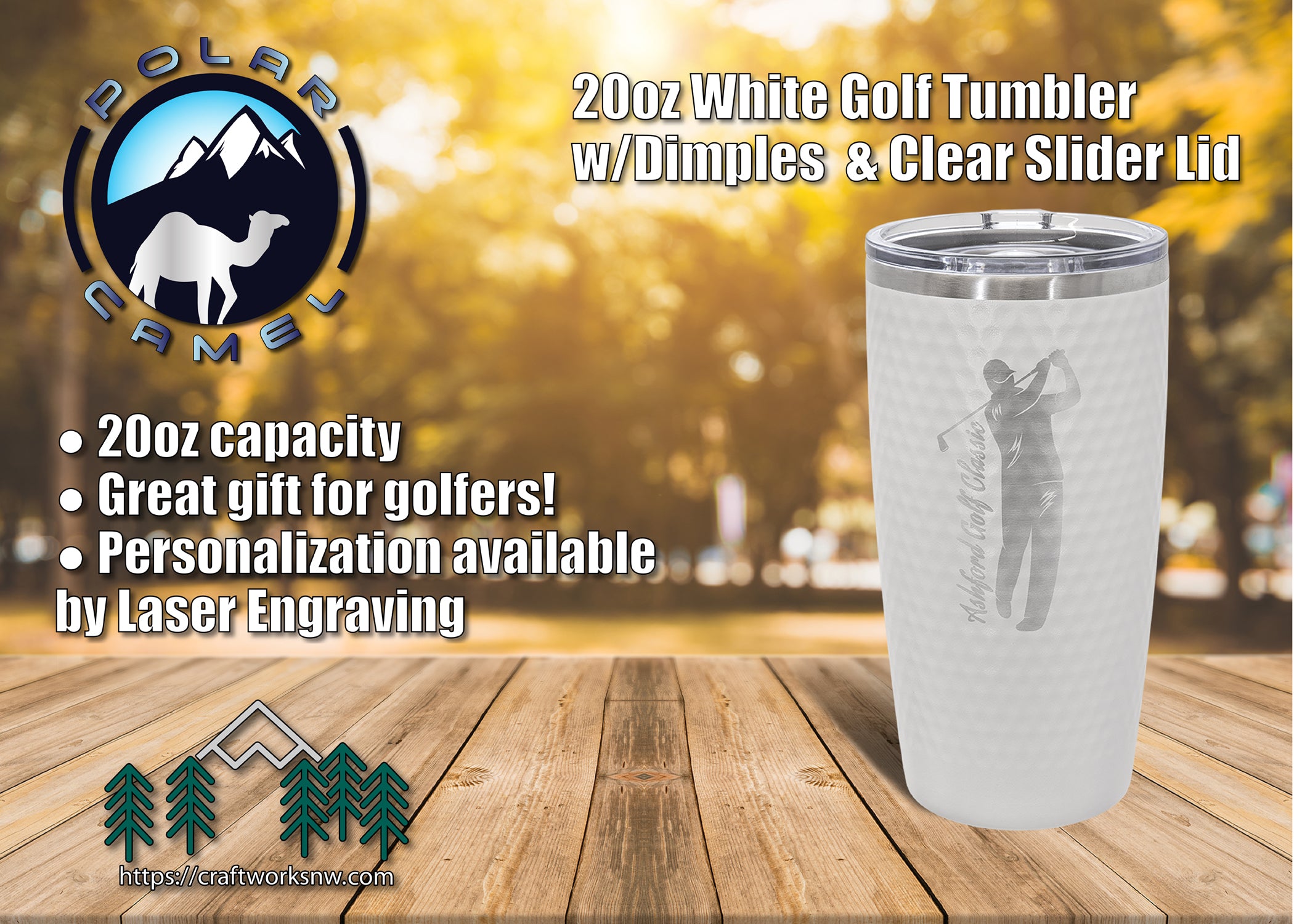Polar Camel 20oz. White Golf Dimpled Insulated Tumbler w/Clear Slider Lid, Laser Engraved - Craftworks NW, LLC