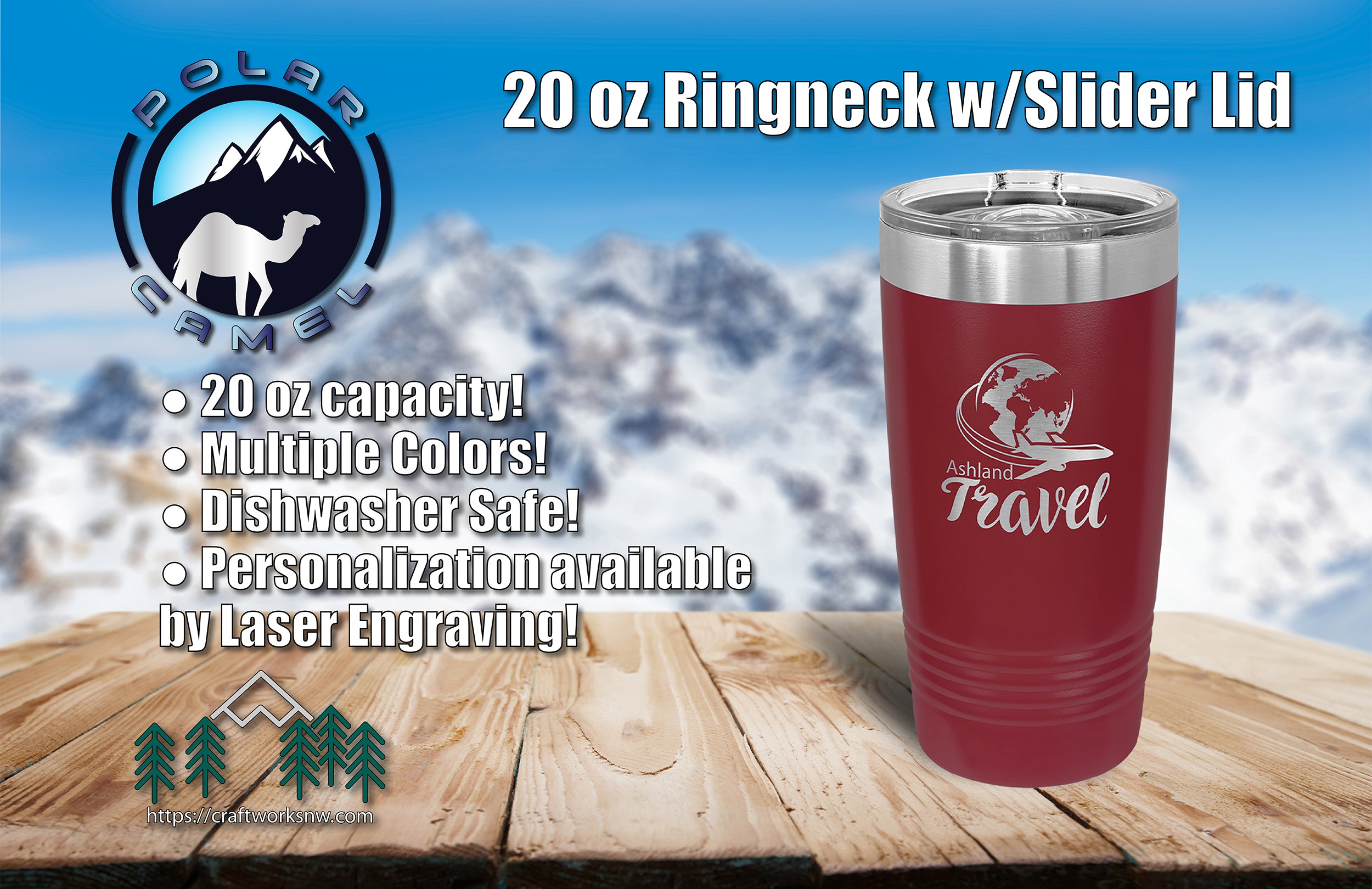Polar Camel 20oz. Stainless Steel Ringneck Travel Mugs w/Slider Lid, Laser Engraved - Craftworks NW, LLC