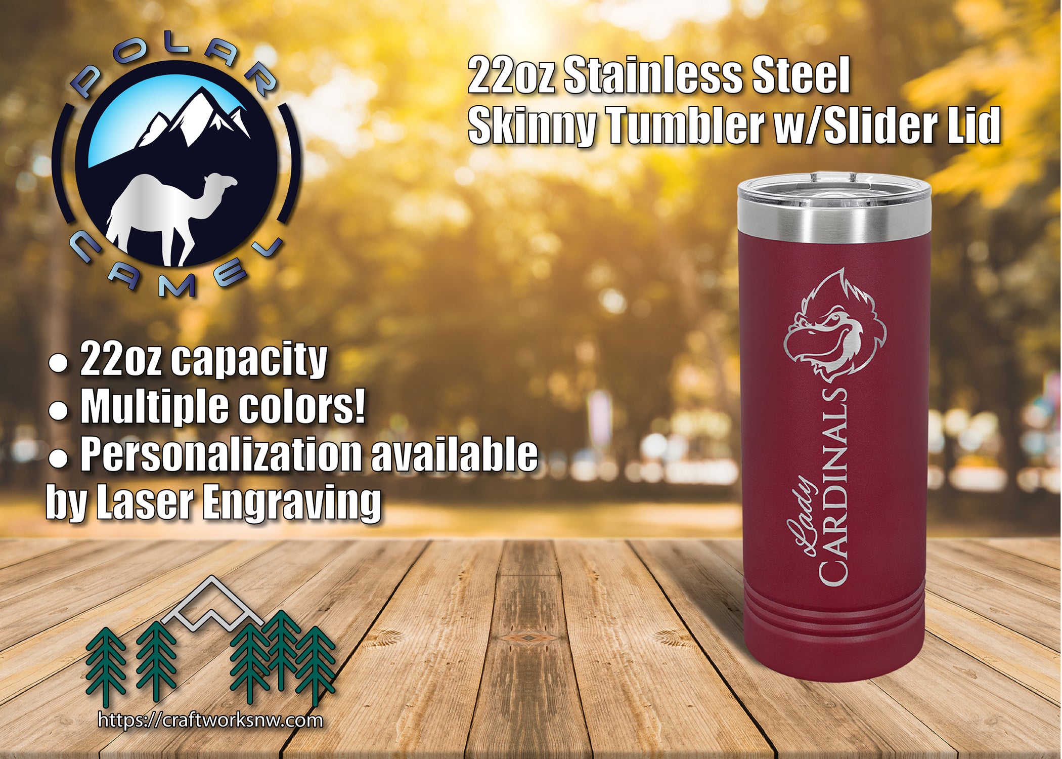 Polar Camel 22oz. Skinny Tumbler w/Slider Lid Travel Mug, Laser Engraved - Craftworks NW, LLC