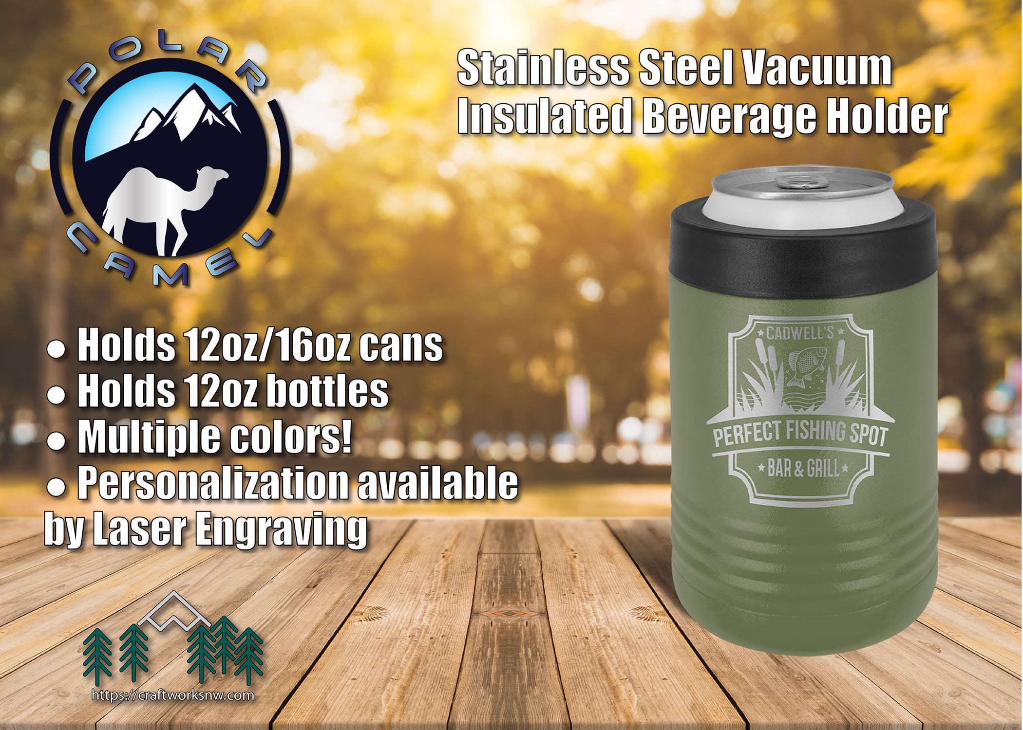 Polar Camel Stainless Steel Insulated Beverage/Can Holder, Laser Engraved - Craftworks NW, LLC