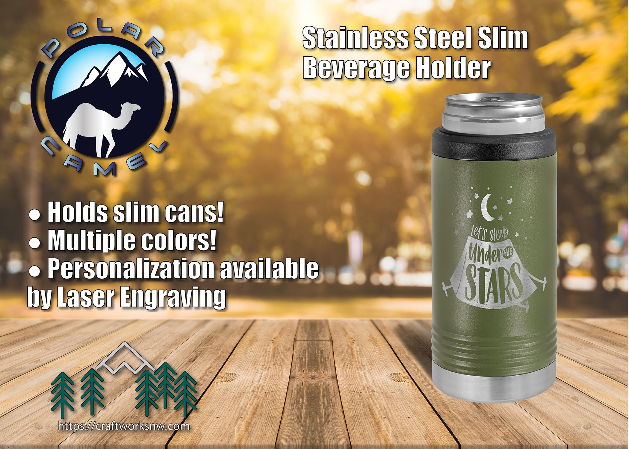 Polar Camel Stainless Steel Insulated Slim Beverage/Can Holder, Laser Engraved - Craftworks NW, LLC