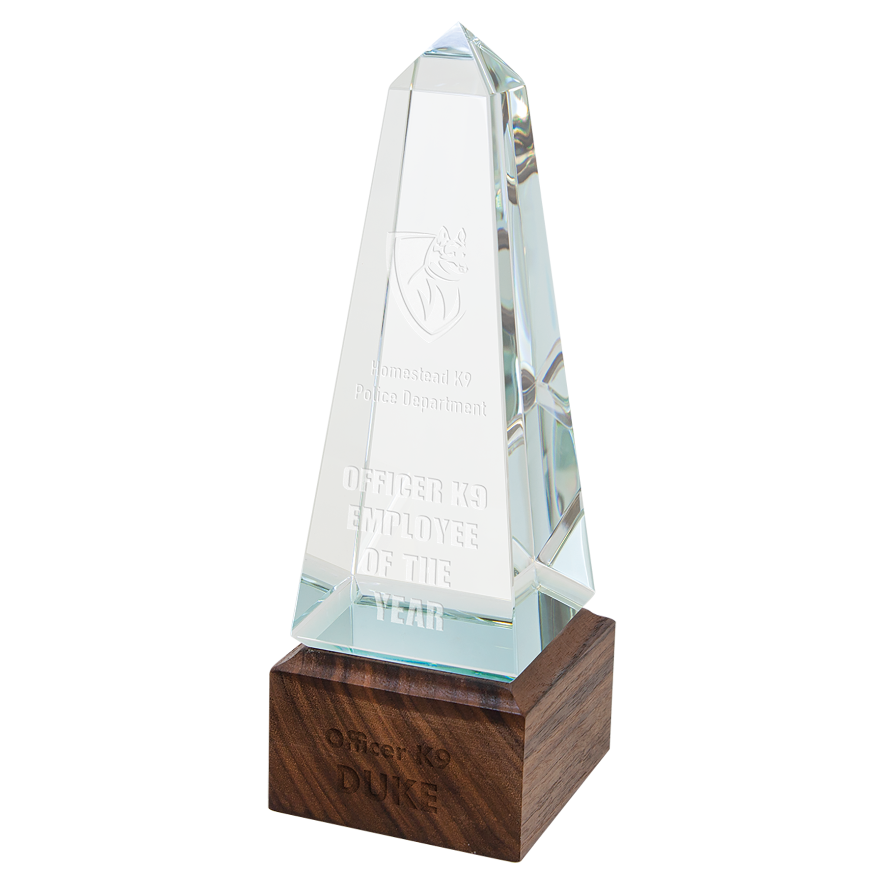 Obelisk Sierra Glass w/Walnut Base, Laser Engraved - Craftworks NW, LLC