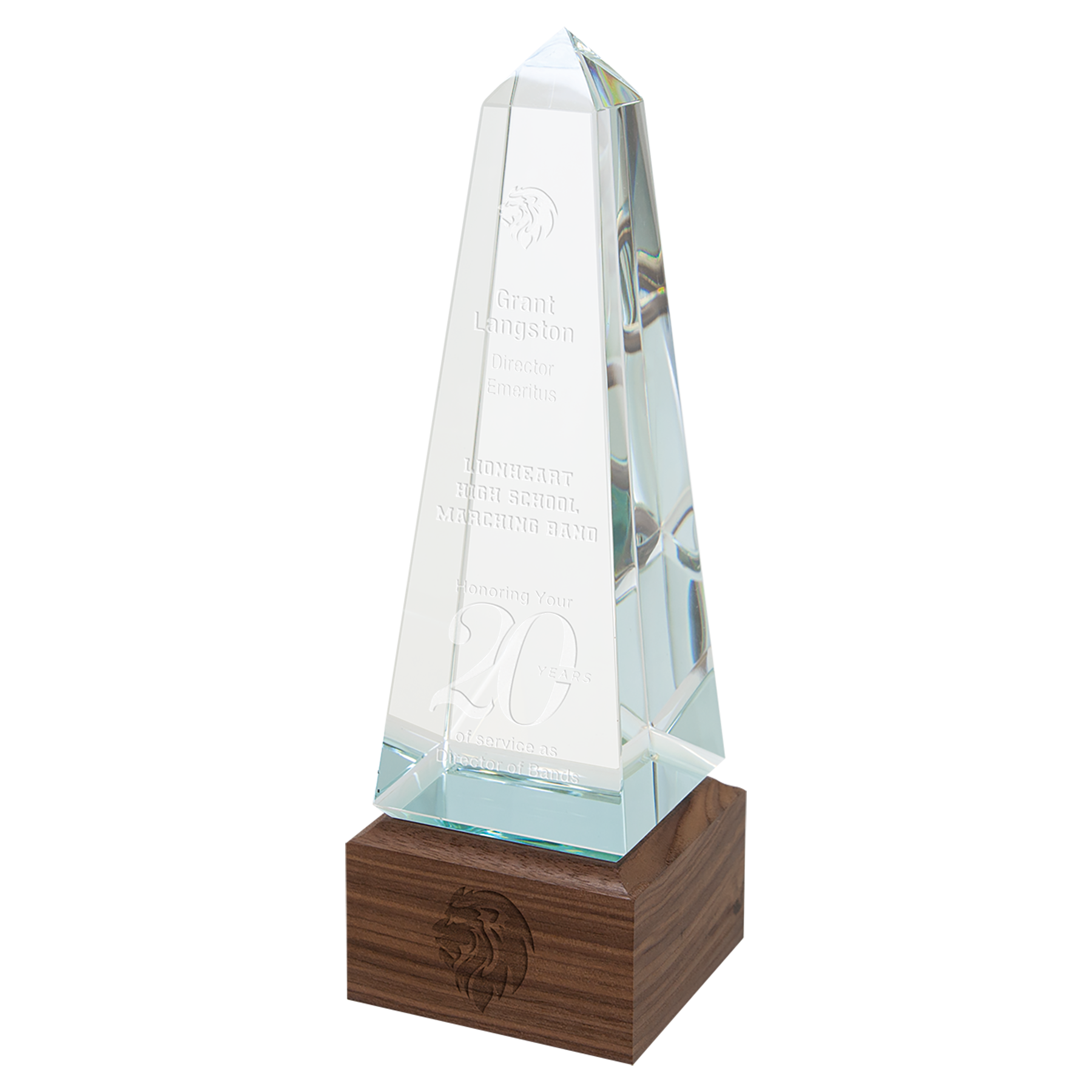 Obelisk Sierra Glass w/Walnut Base, Laser Engraved - Craftworks NW, LLC