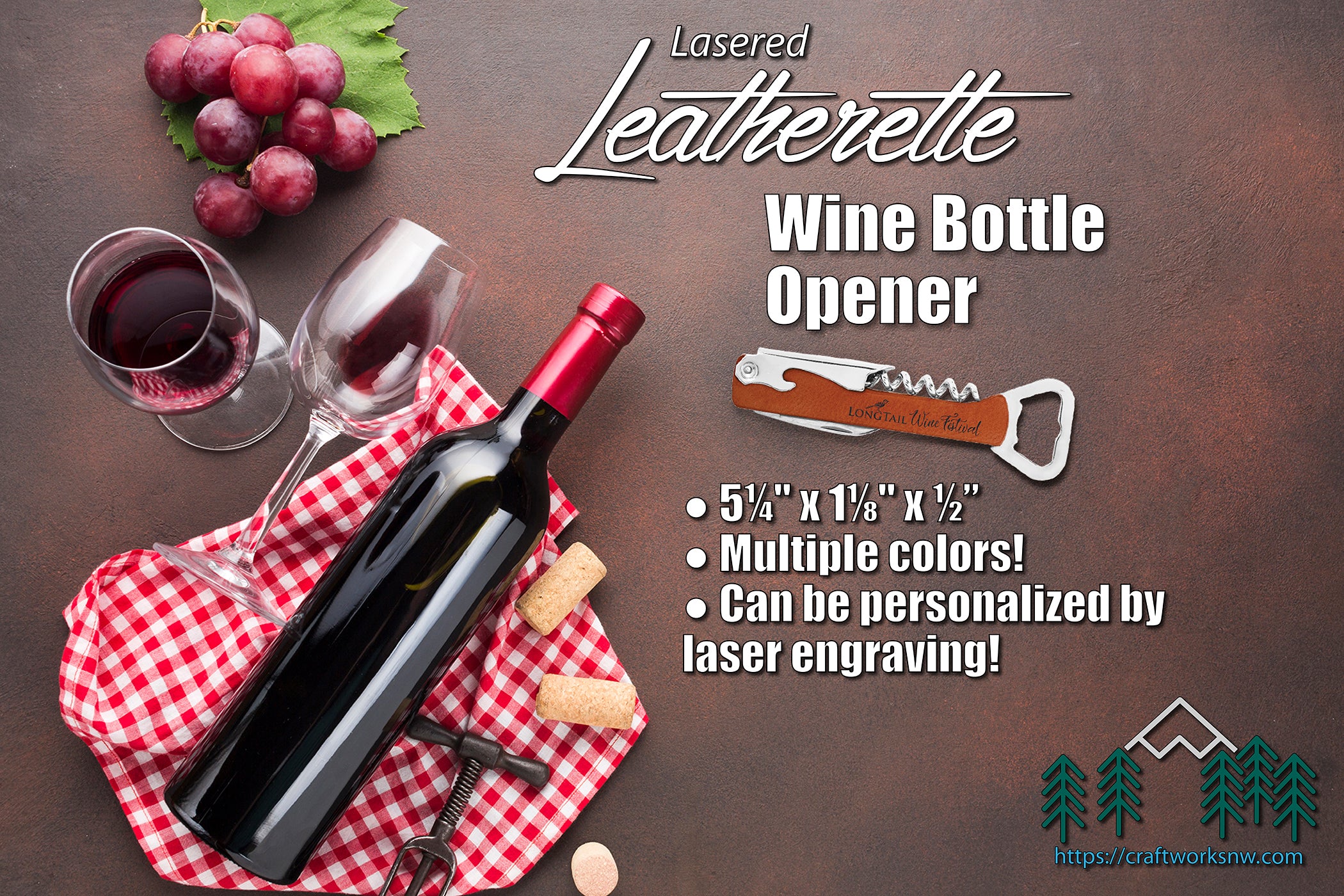 Wine Bottle Opener, Laserable Leatherette, Laser Engraved - Craftworks NW, LLC