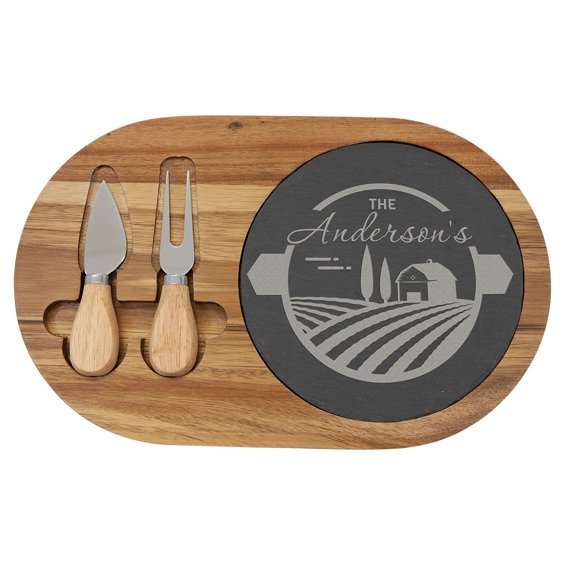 Acacia Wood/Slate Oval Cheese Set with Two Tools, 12 1/2" x 7 3/4" Cutting/Serving Board Craftworks NW 