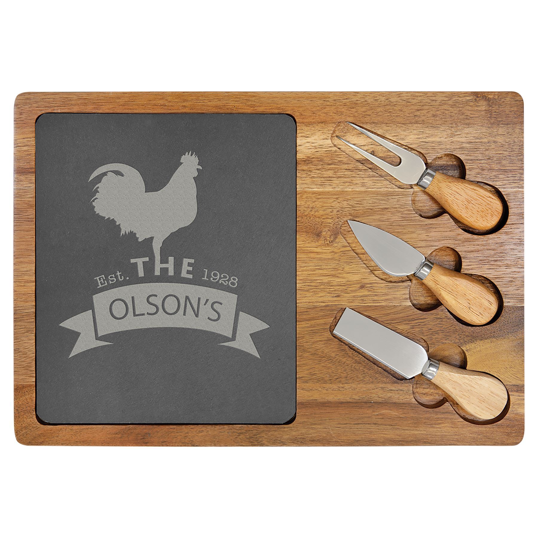Acacia Wood/Slate Rectangle Cheese Set with Three Tools, 13 3/4" x 9 3/4", Laser Engraved Cutting/Serving Board Craftworks NW 