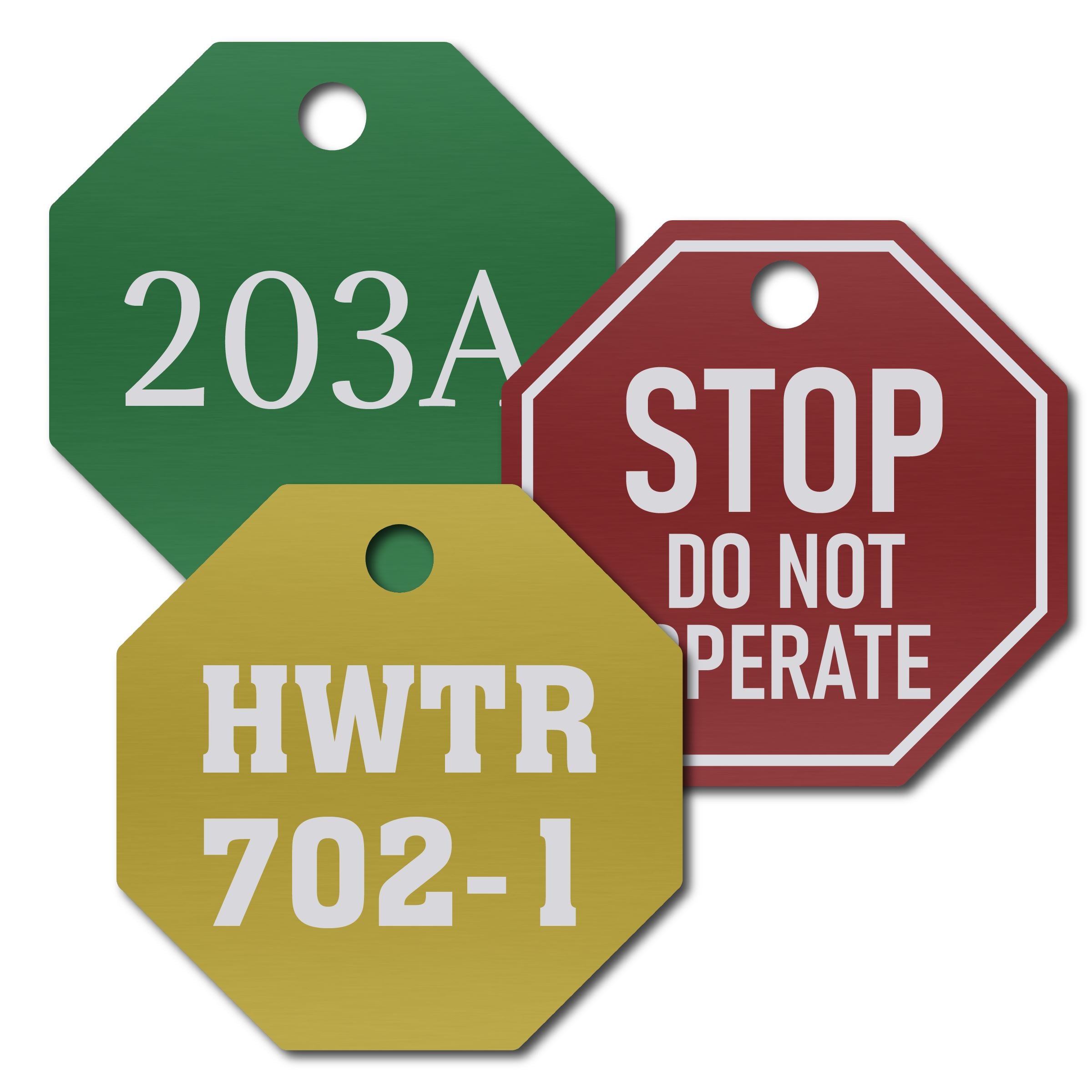 Anodized Aluminum Octagon Tags, 1-1/8" with 1/8" Hole, Laser Engraved Metal Tags Craftworks NW 