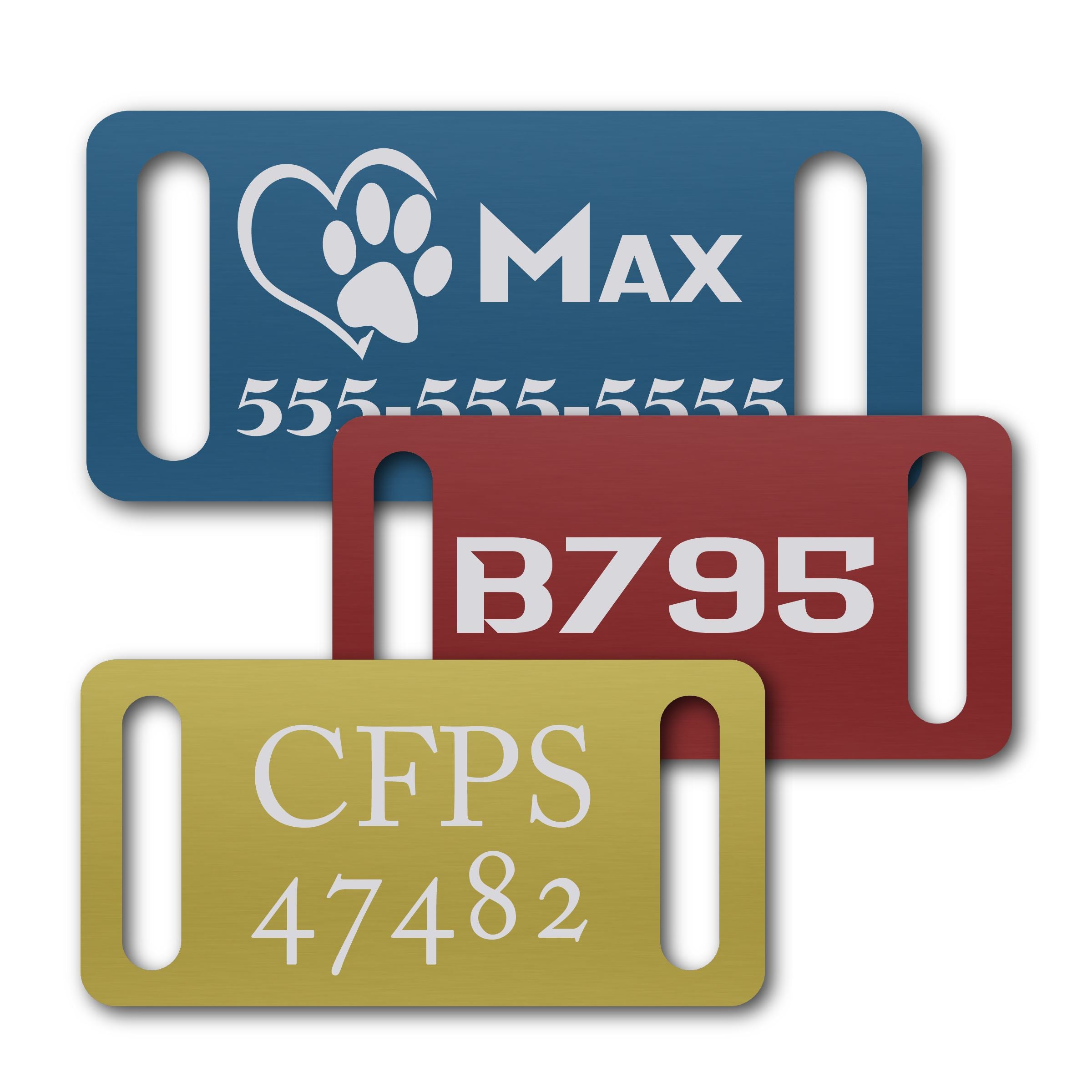 Anodized Aluminum Rectangle Slide-On Tags, 1-3/16" x 2" with 1/4" x 1" Slot, Laser Engraved Metal Tags Craftworks NW 