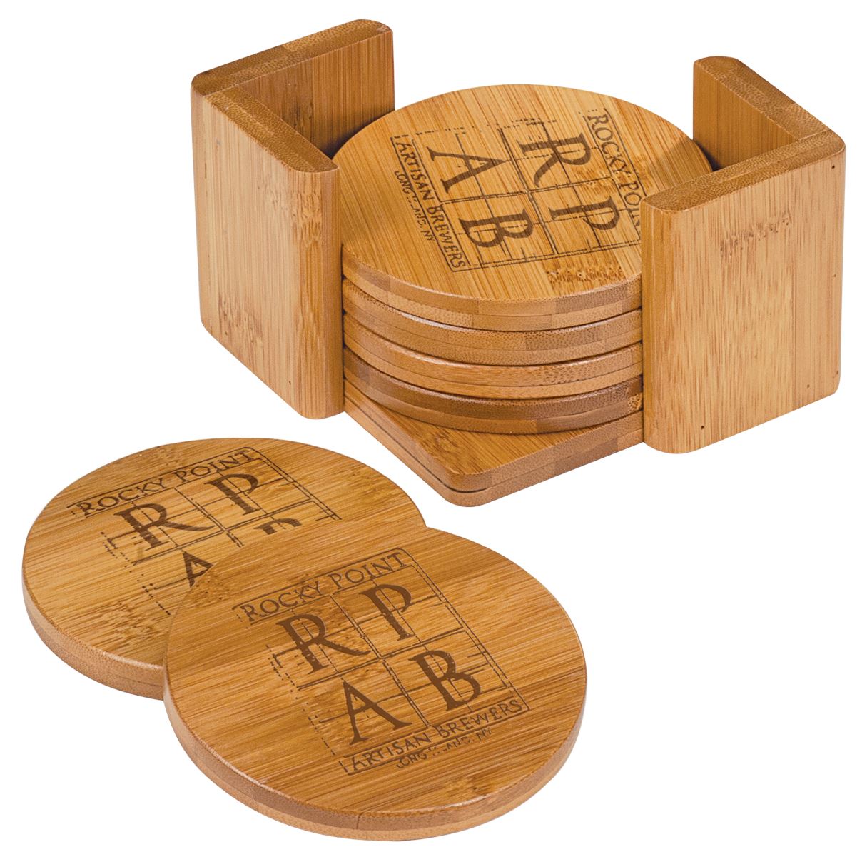 Bamboo Round 6-Coaster Set with Holder, 3 3/4", Laser Engraved Coaster Holder Craftworks NW 