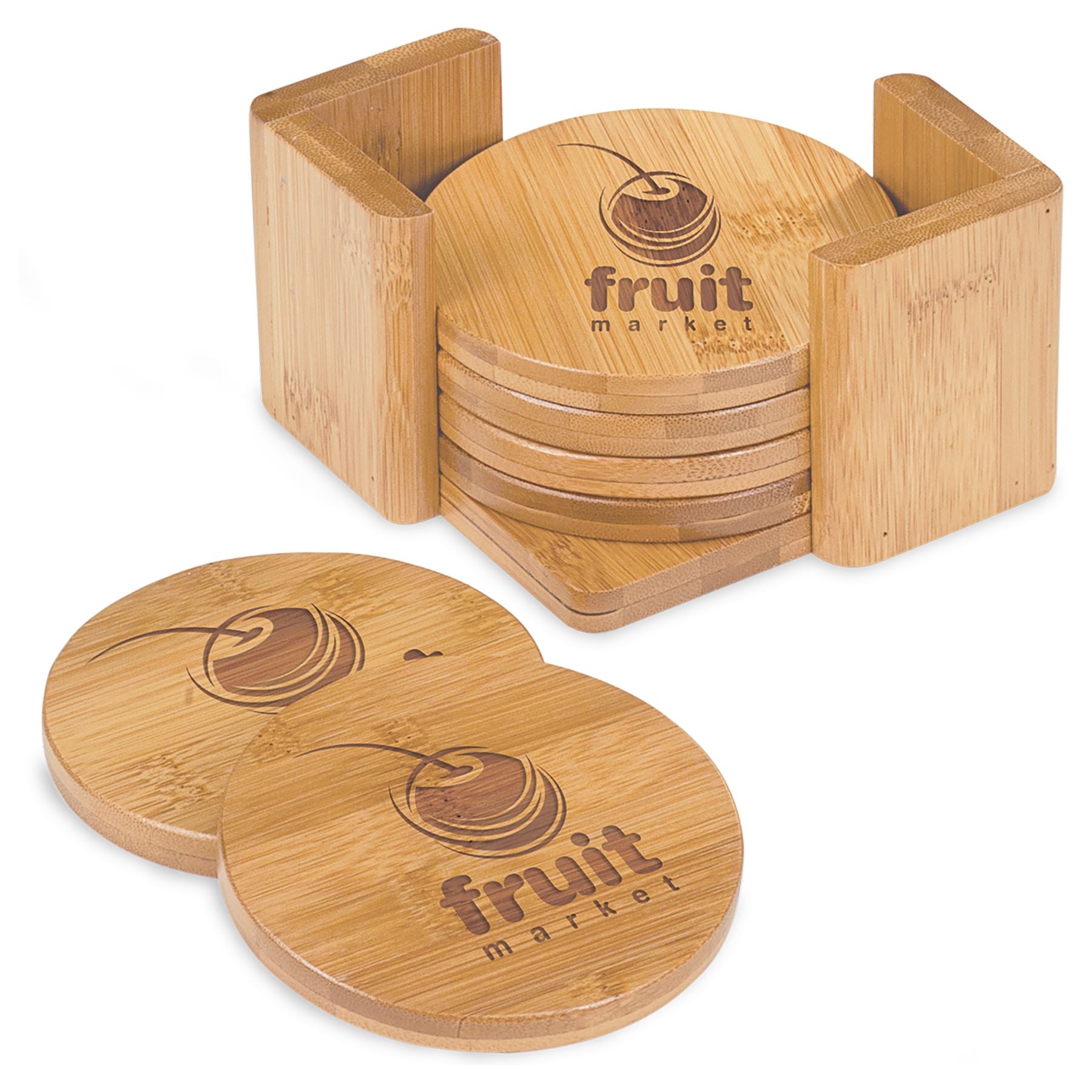 Bamboo Round 6-Coaster Set with Holder, 3 3/4", Laser Engraved Coaster Holder Craftworks NW 