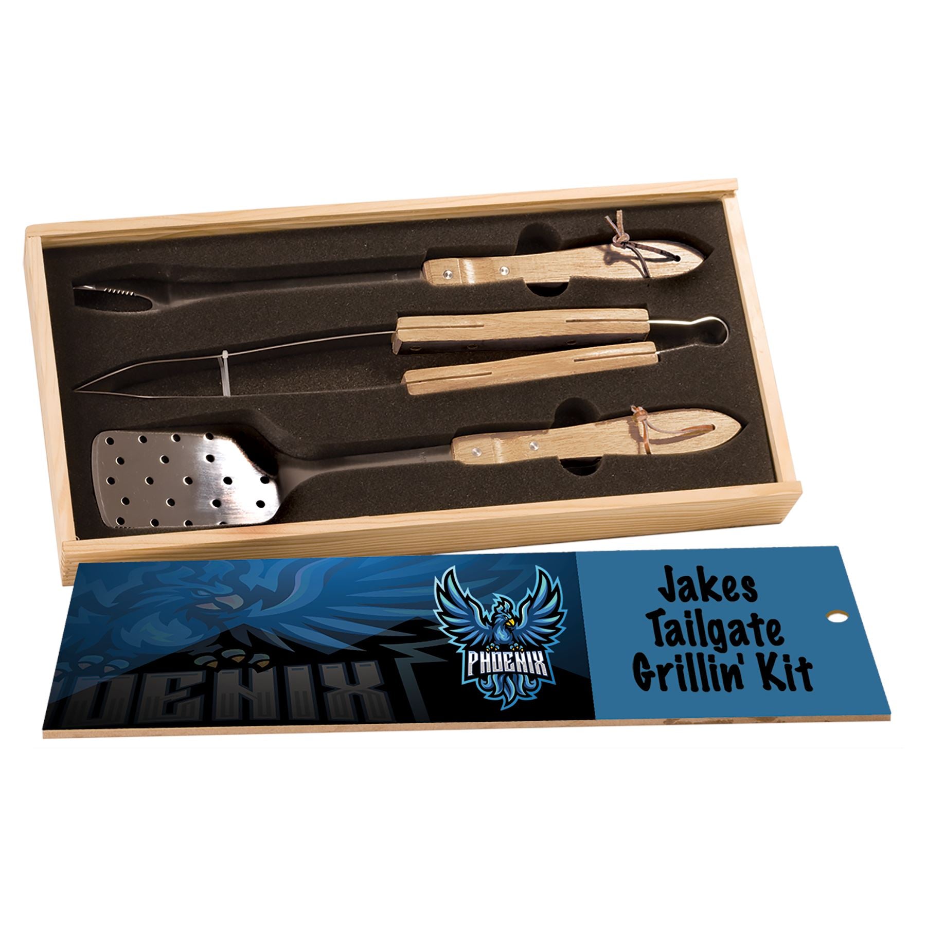 BBQ Set in Wooden Pine Box with Sublimatable Lid, 3-Piece BBQ Gift Set Craftworks NW 