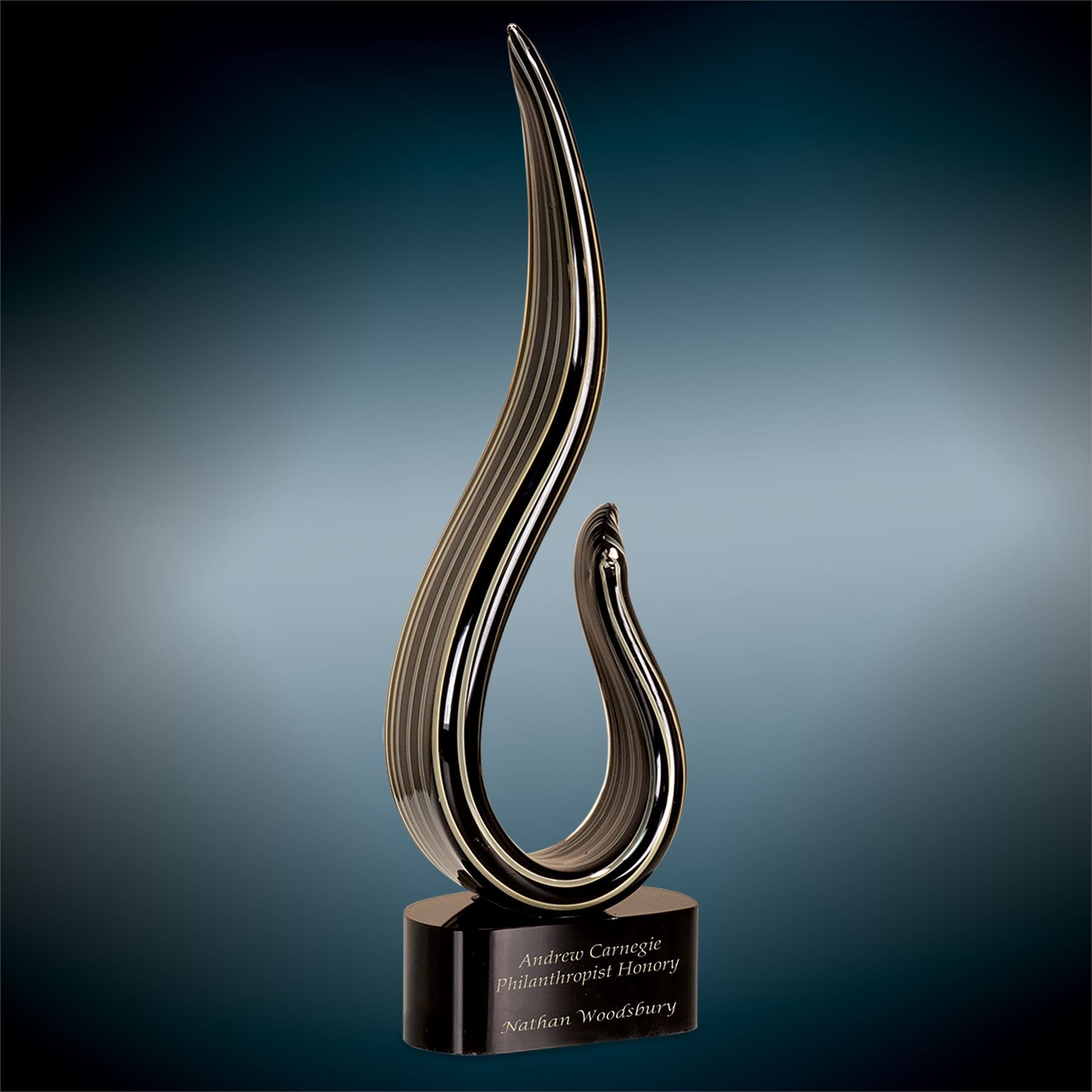 Black & Gold Curve, 15" Art Glass Award, Laser Engraved Art Glass Craftworks NW 