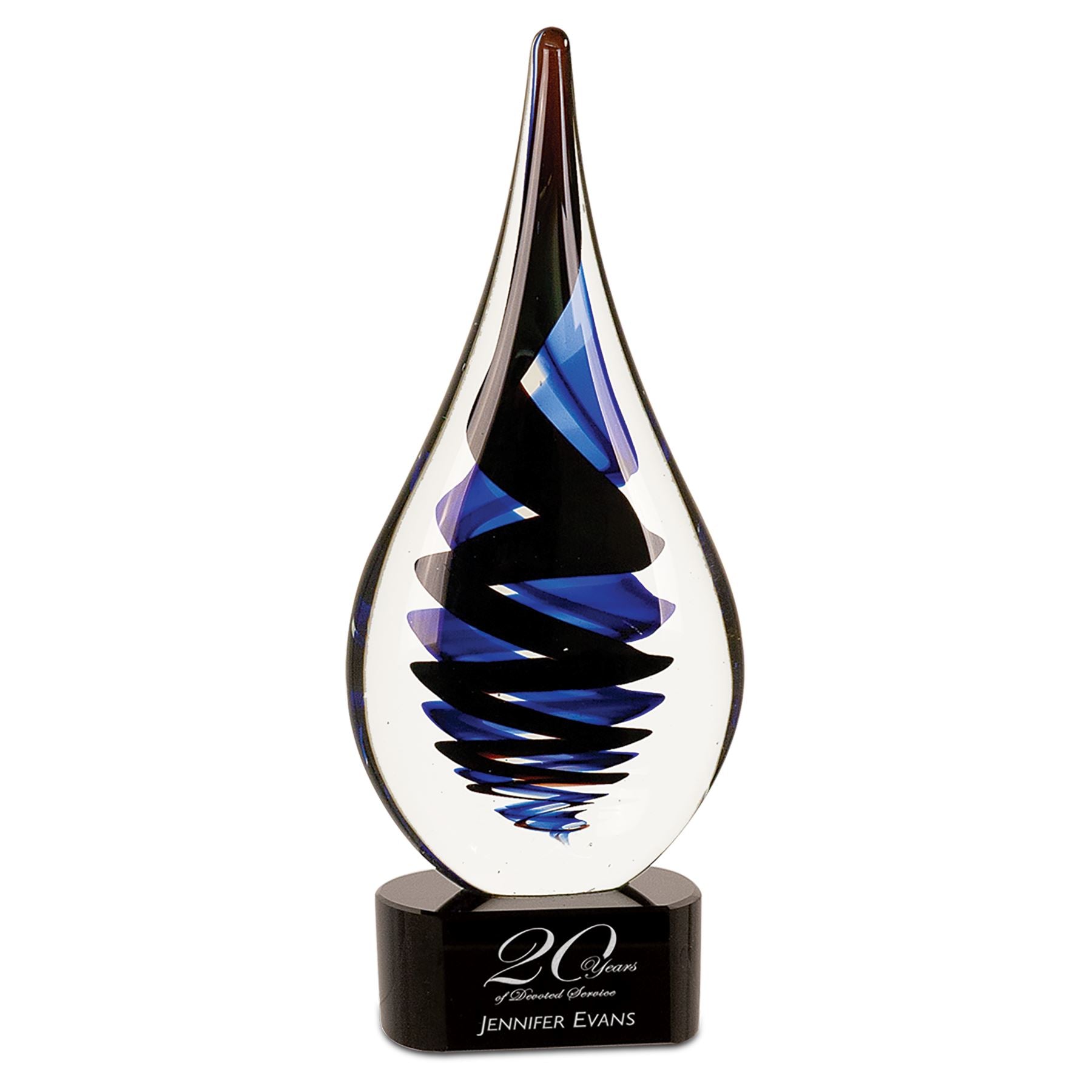 Black Twist Raindrop, 11 1/4" Art Glass Award, Laser Engraved Art Glass Craftworks NW 