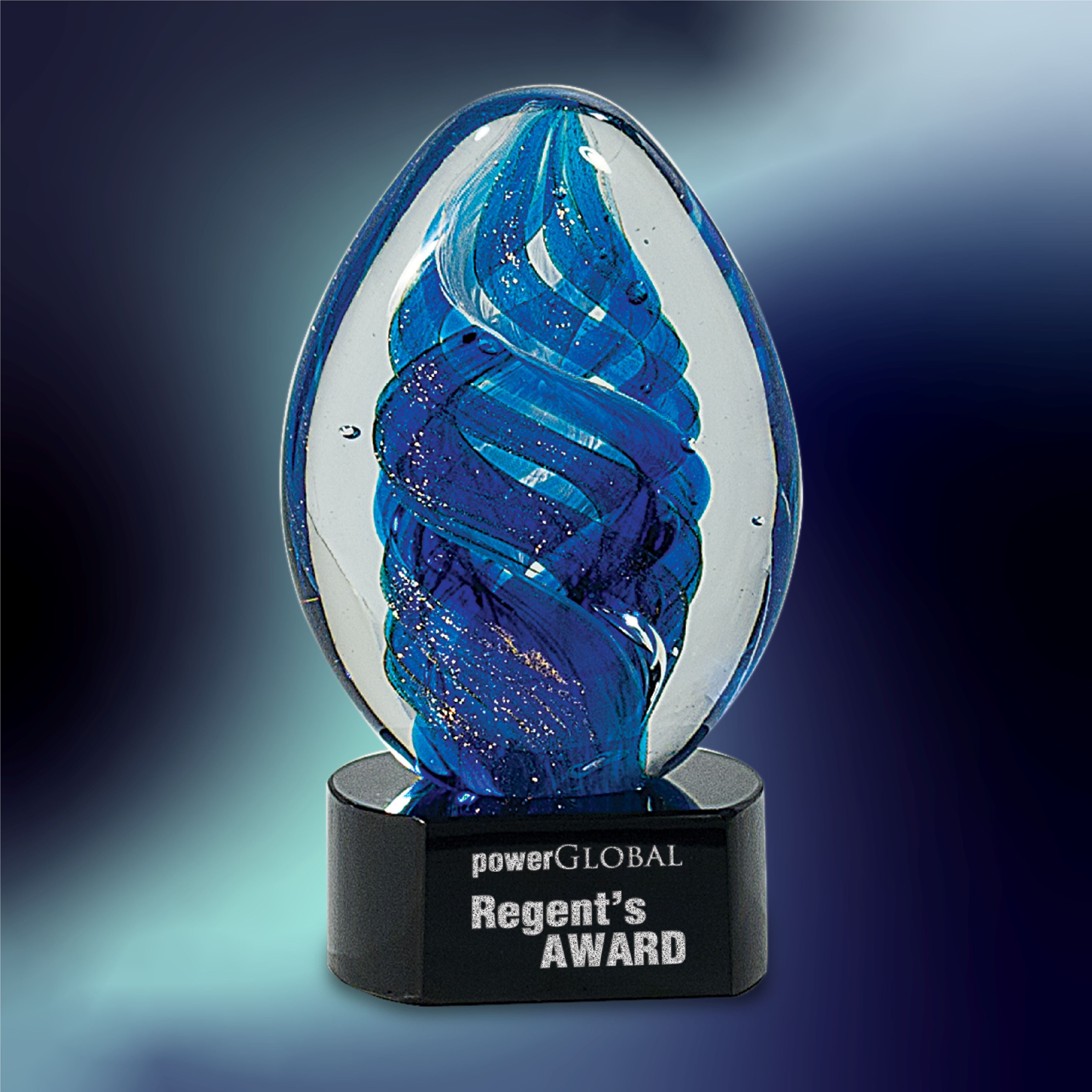 Blue Oval Swirl, 6" Art Glass Award, Laser Engraved Art Glass Craftworks NW 