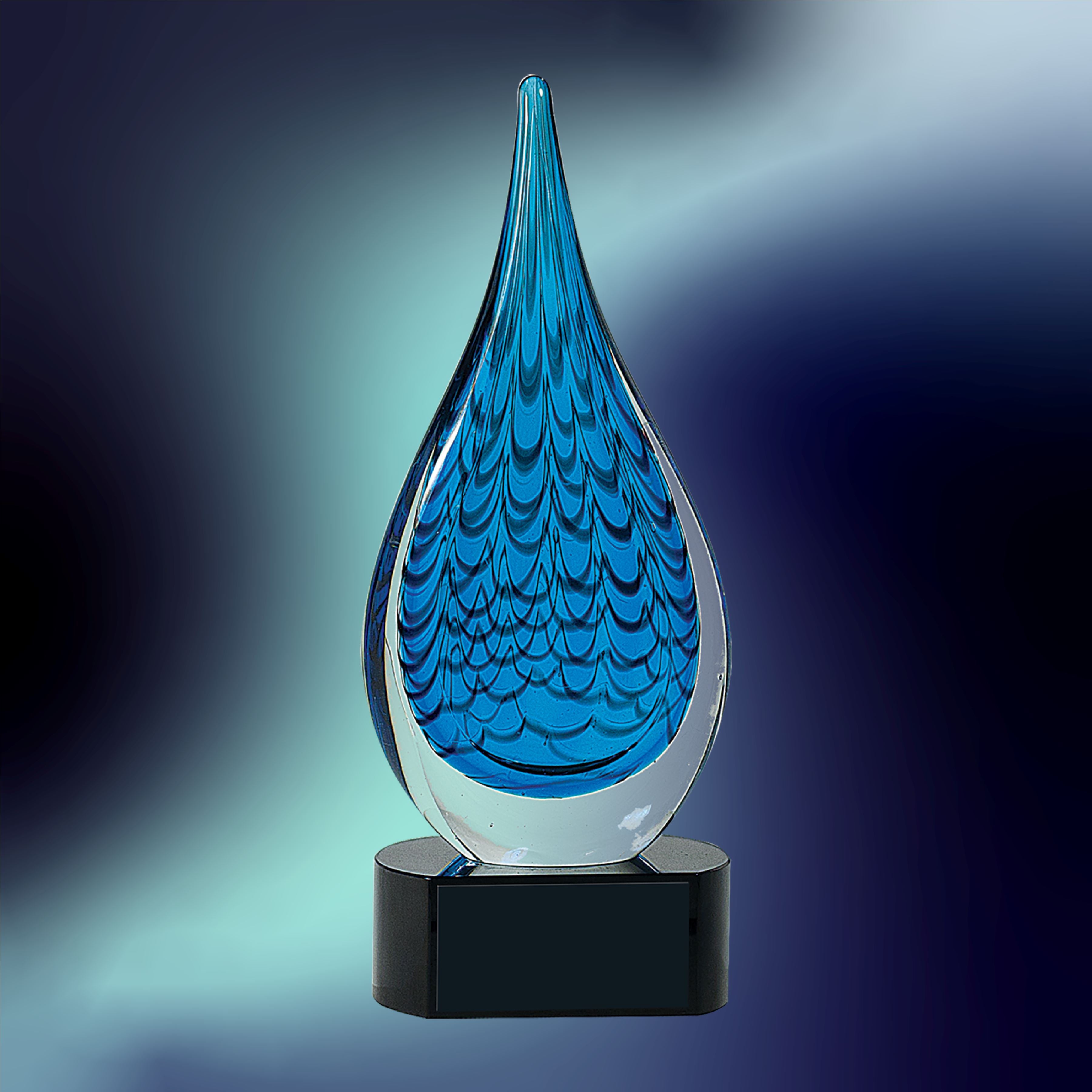 Blue Raindrop Art Glass, 12-1/2" Art Glass Award, Laser Engraved Art Glass Craftworks NW 