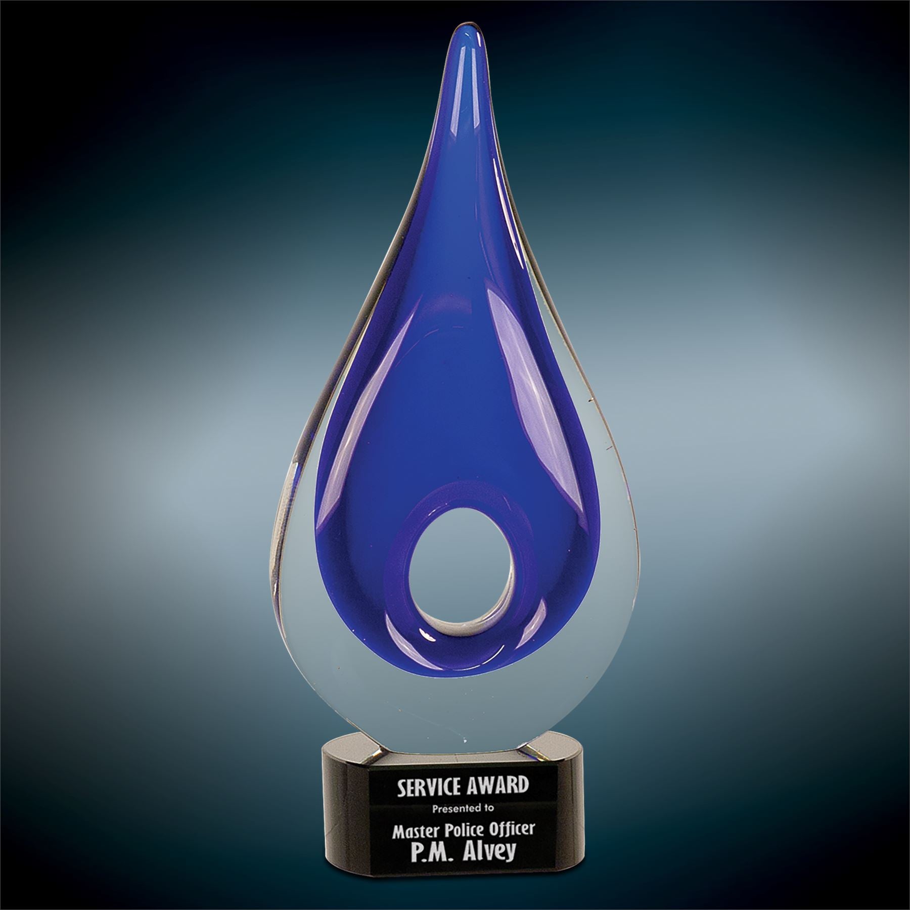 Blue Round Window Raindrop, 11-1/4" Art Glass Award, Laser Engraved Art Glass Craftworks NW 