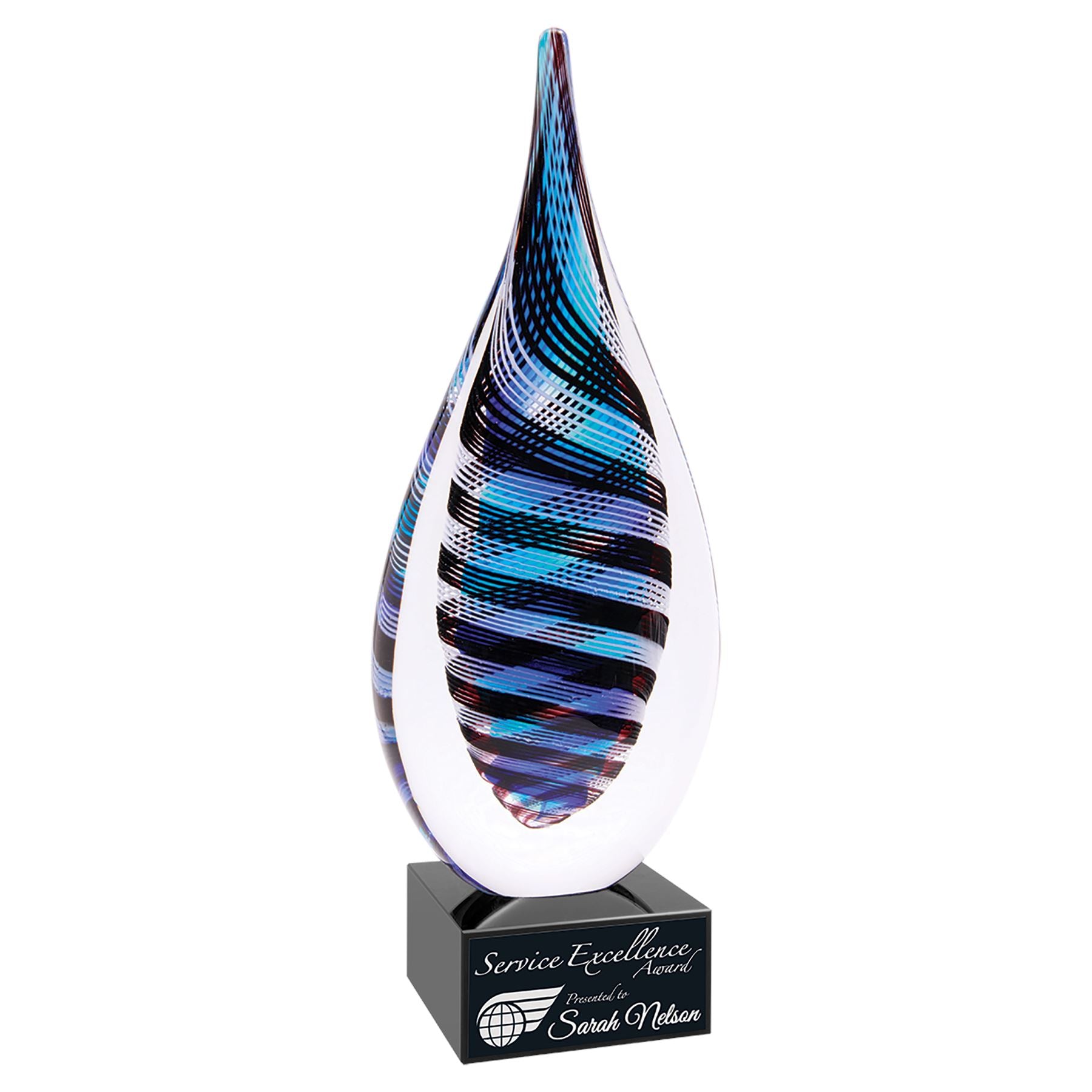 Blue, White & Black Twisted Rain Drop, 12" Art Glass Award, Laser Engraved Art Glass Craftworks NW 