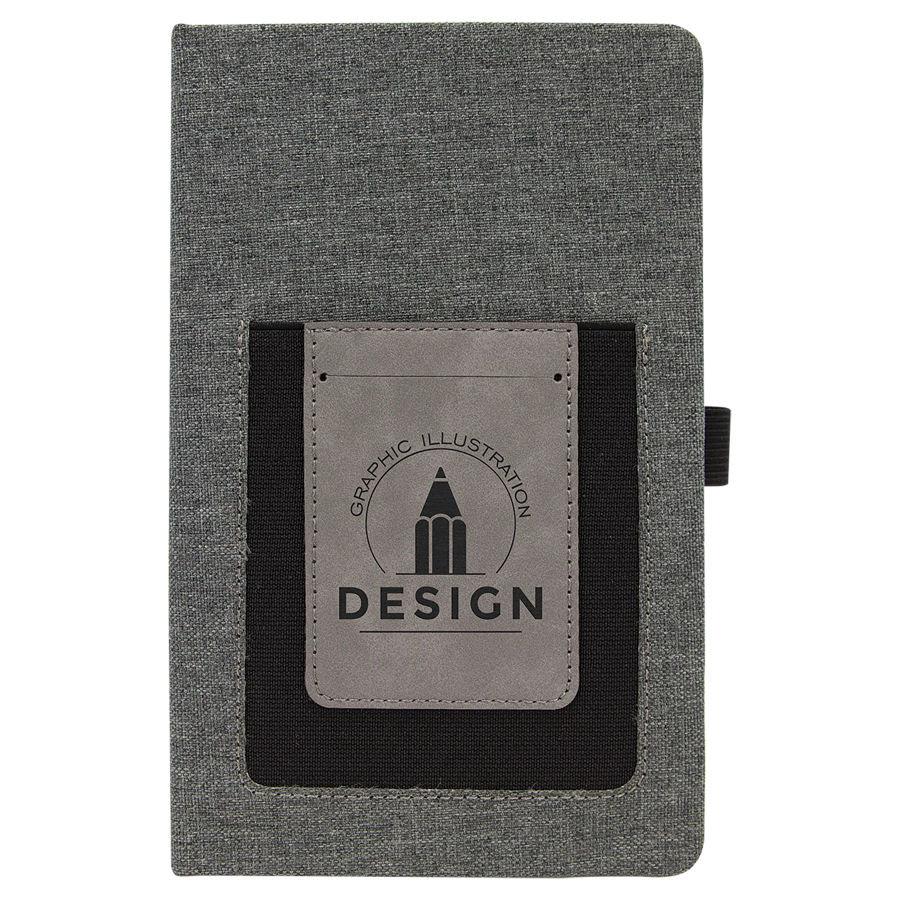 Canvas Journal w/Phone Wallet/Cell Phone Pouch, No Ribbon, 5 1/4" x 8 1/4", Laser Engraved Journal Craftworks NW Gray Canvas w/Gray/Black Leatherette 