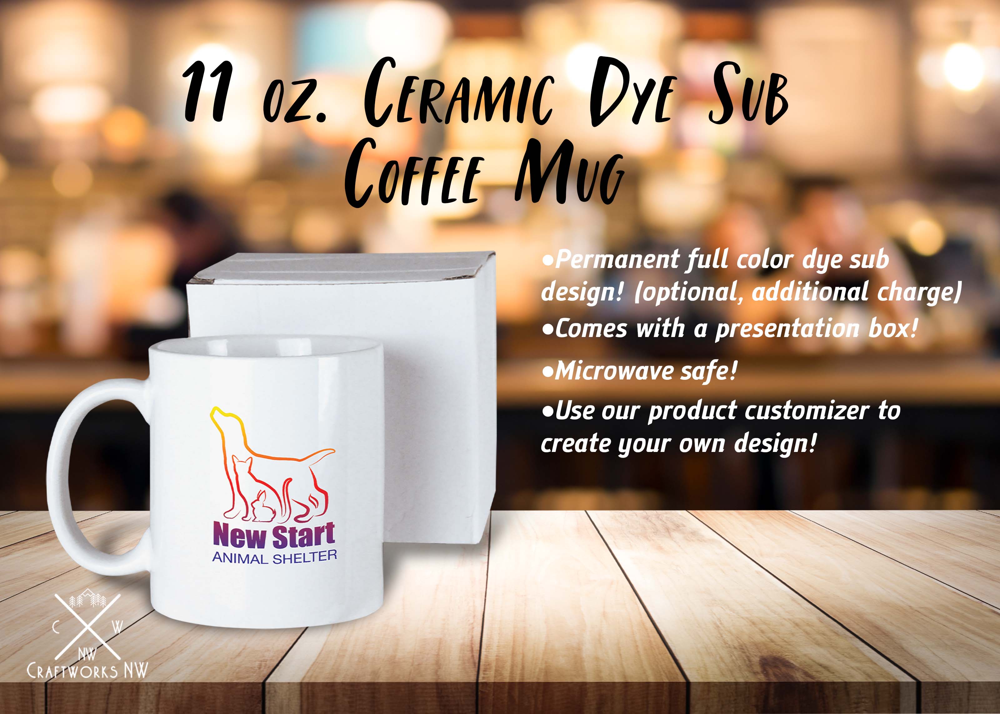 Ceramic Mug with White Box 11 oz. White Sublimatable, Full Color Sub Dye Ceramic Mug Craftworks NW 