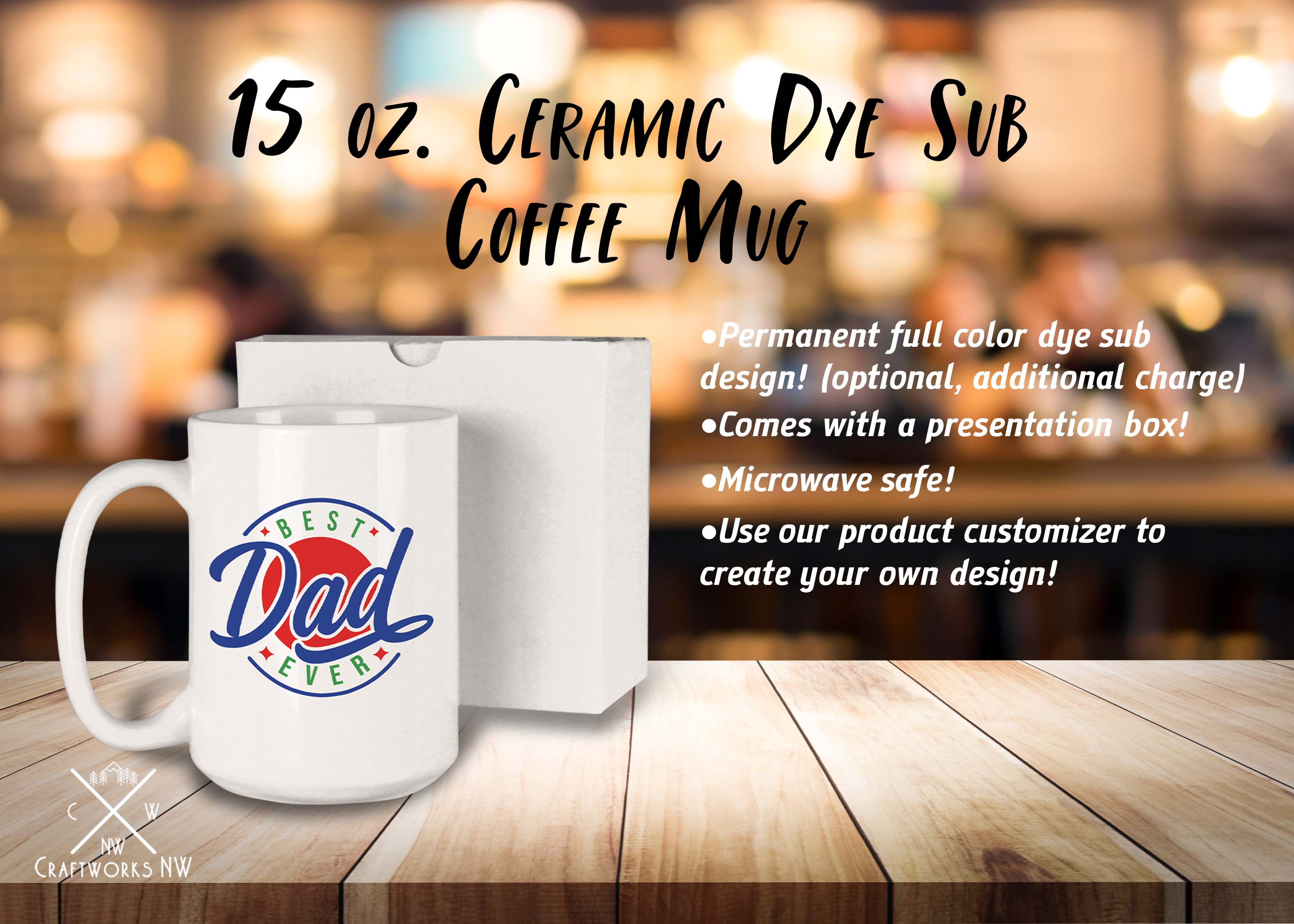 Ceramic Mug with White Box 15 oz. White Sublimatable, Full Color Sub Dye Ceramic Mug Craftworks NW 
