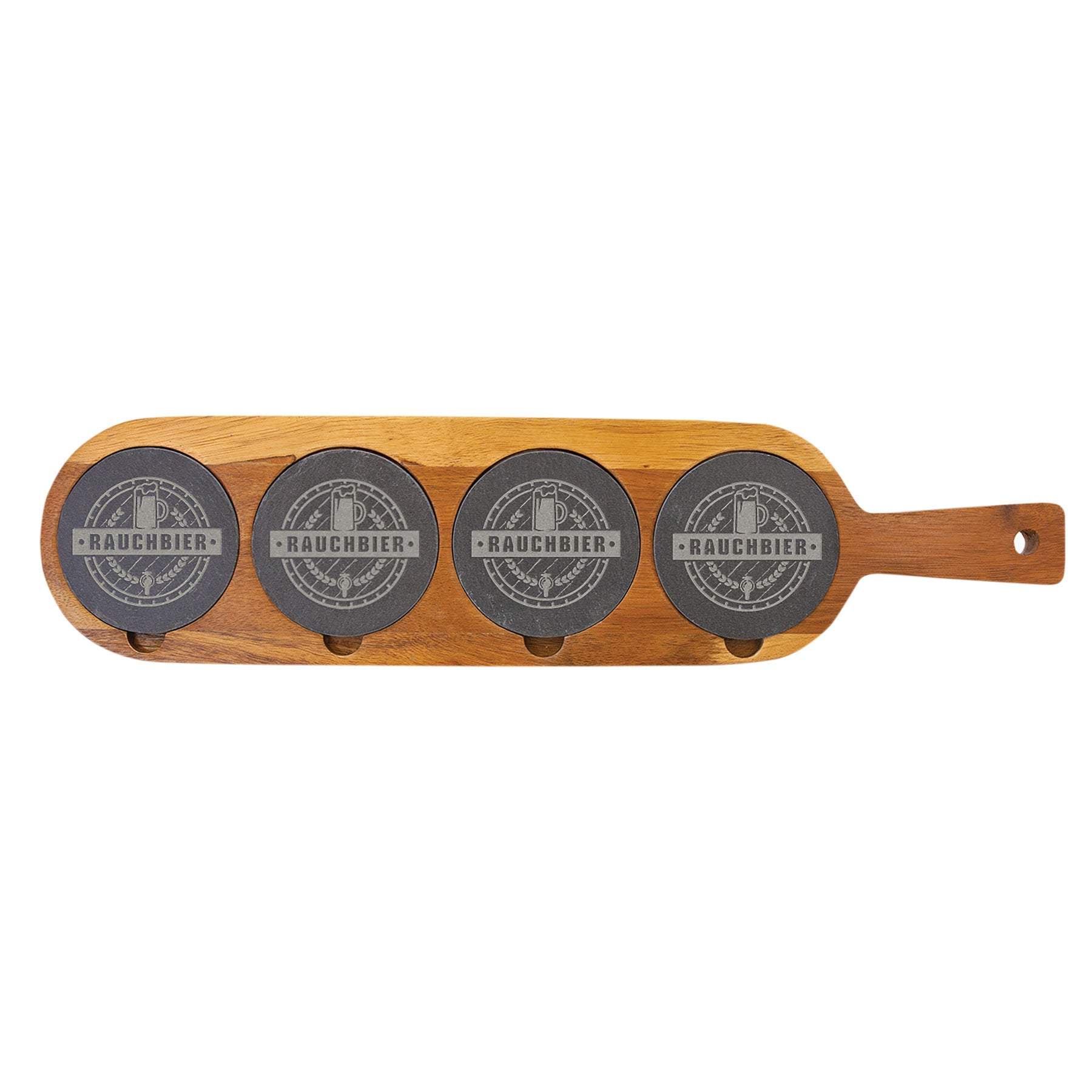 Customizable 18 1/2" x 4 1/4" Acacia Serving Board w/3 3/4" Handle, & 3 1/4" Round Coasters - Craftworks NW, LLC