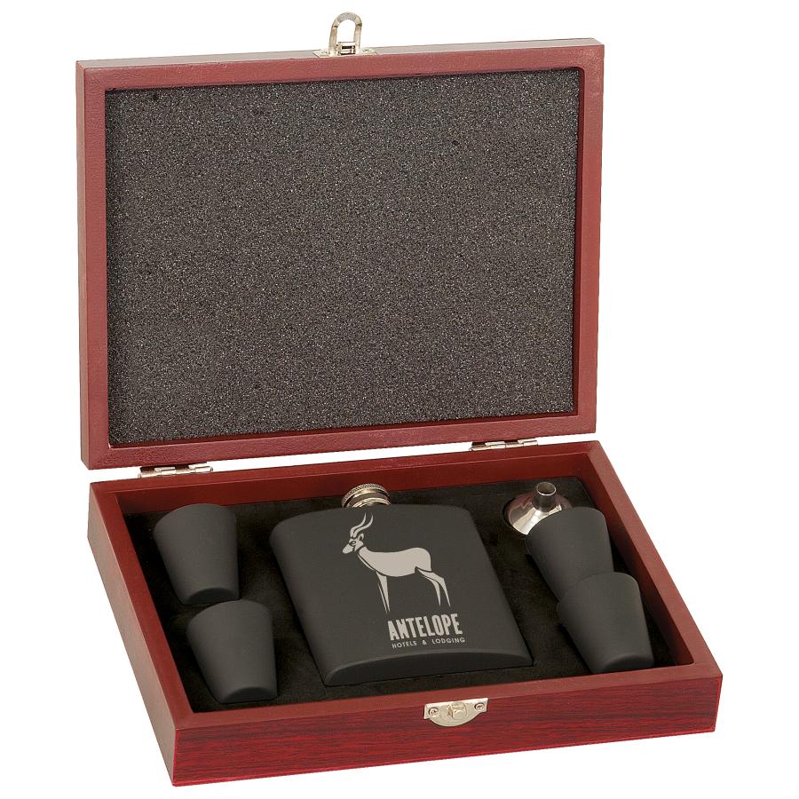 Customizable 6oz Flask with Rosewood Presentation Box Gift Set - Craftworks NW, LLC