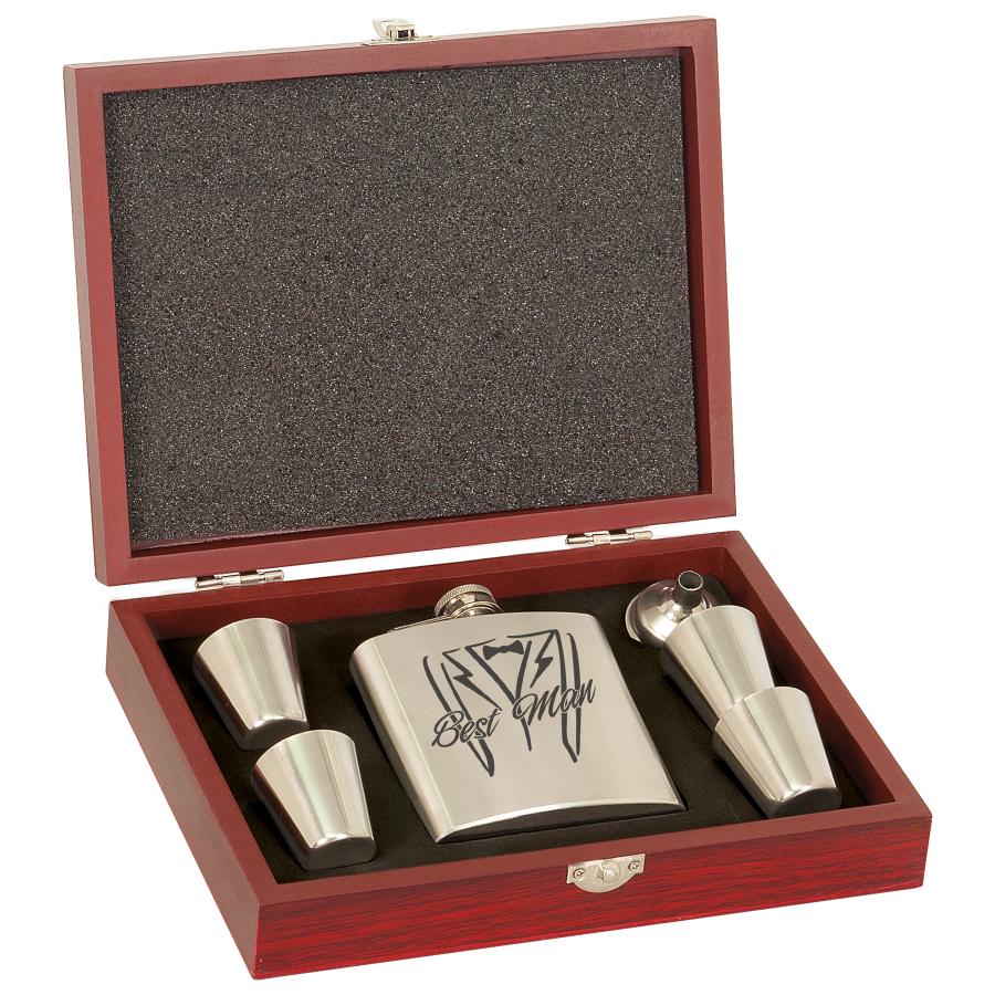Customizable 6oz Flask with Rosewood Presentation Box Gift Set - Craftworks NW, LLC