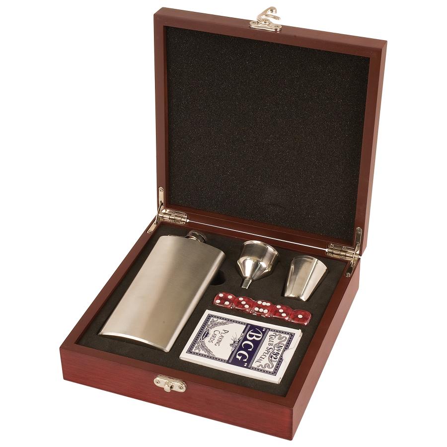 Customizable 7oz Flask with Card & Dice Set, Rosewood Presentation Box - Craftworks NW, LLC