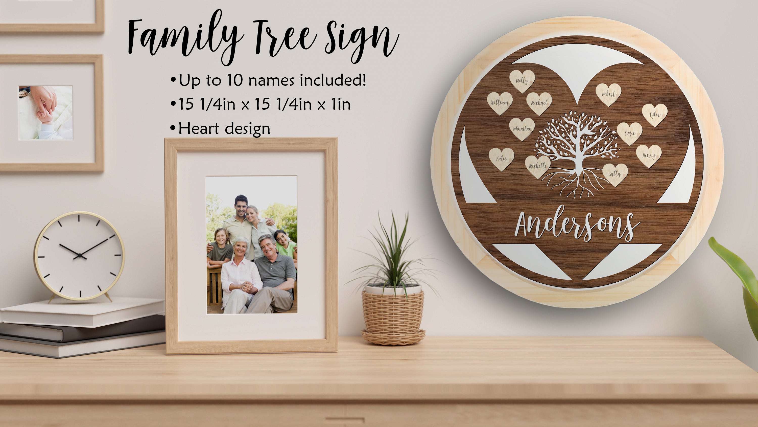 Hanging Family Tree Sign, Heart Shape, 15 1-1/4in x 15 1-1/4in Slate Sign Craftworks NW 