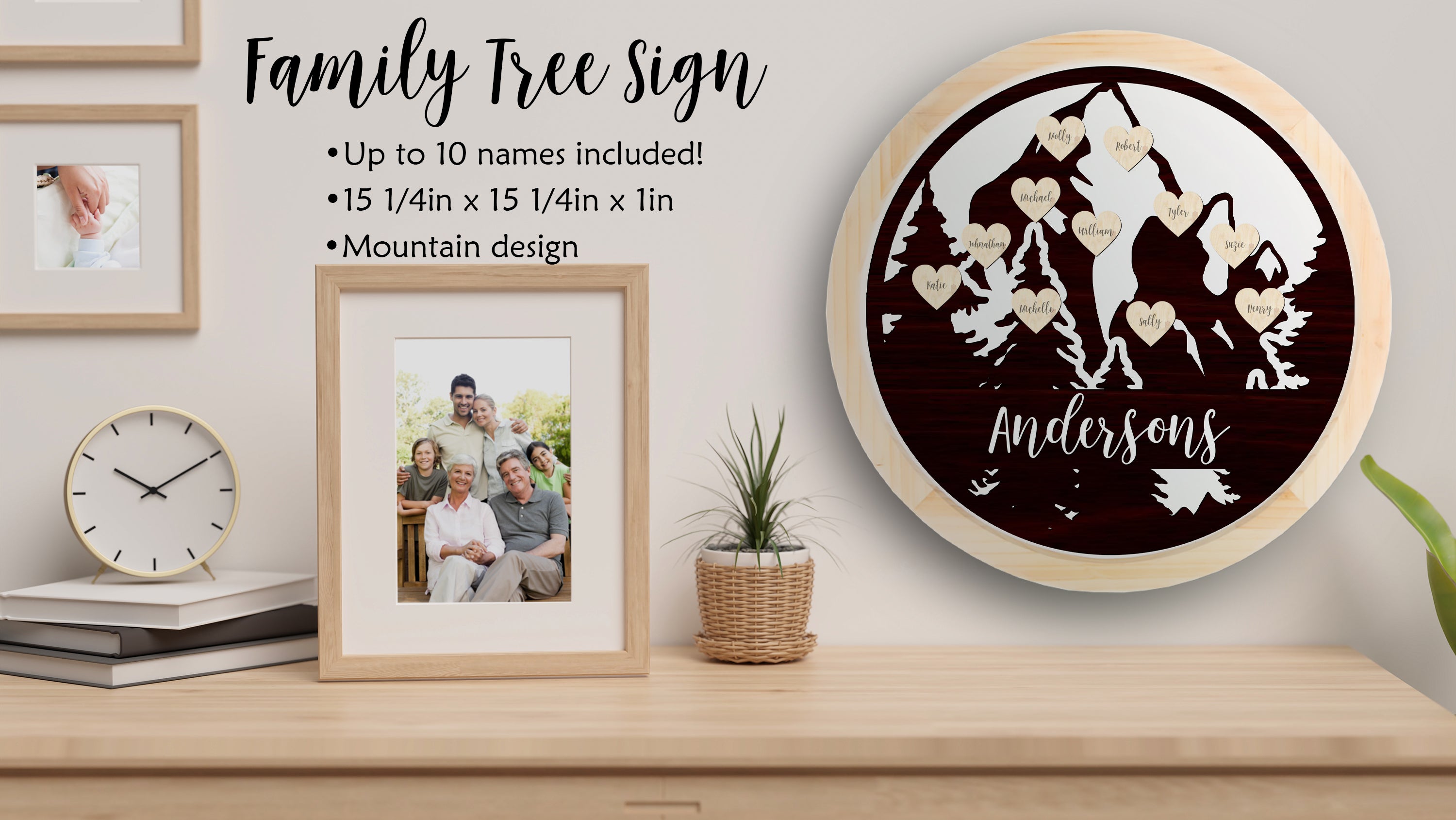 Hanging Family Tree Sign, Mountain Scenery, 15 1-1/4in x 15 1-1/4in Slate Sign Craftworks NW 